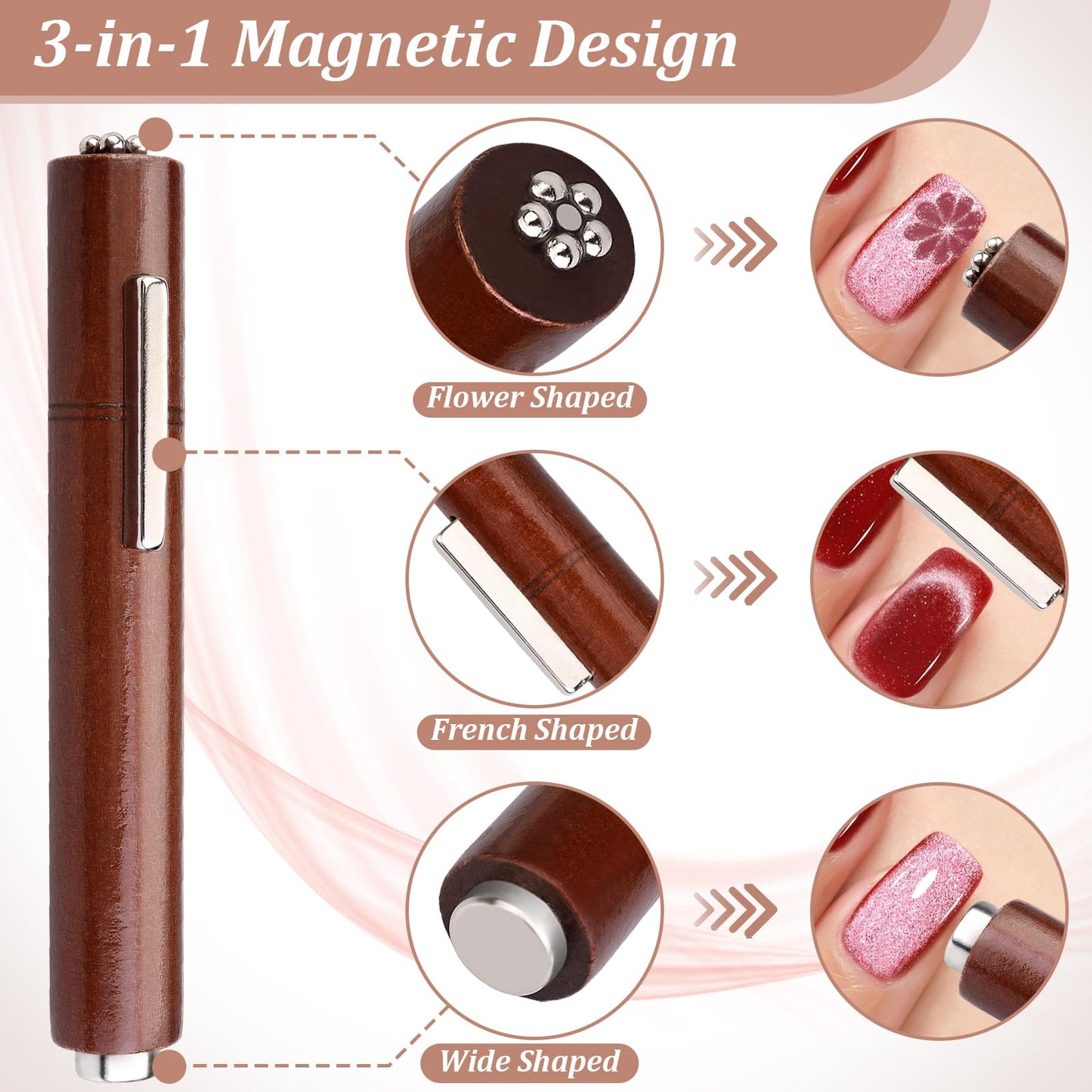 FOWSRHRG 3 in 1 Cat Eye Nail Magnet Set, Multifunctional Wooden Handle Nail Magnet, Heart Magnet for Nails, Rabbit Shape Cat Eye Magnet for Nails, Long Strip Magnets Tool for Nail Art DIY at Home