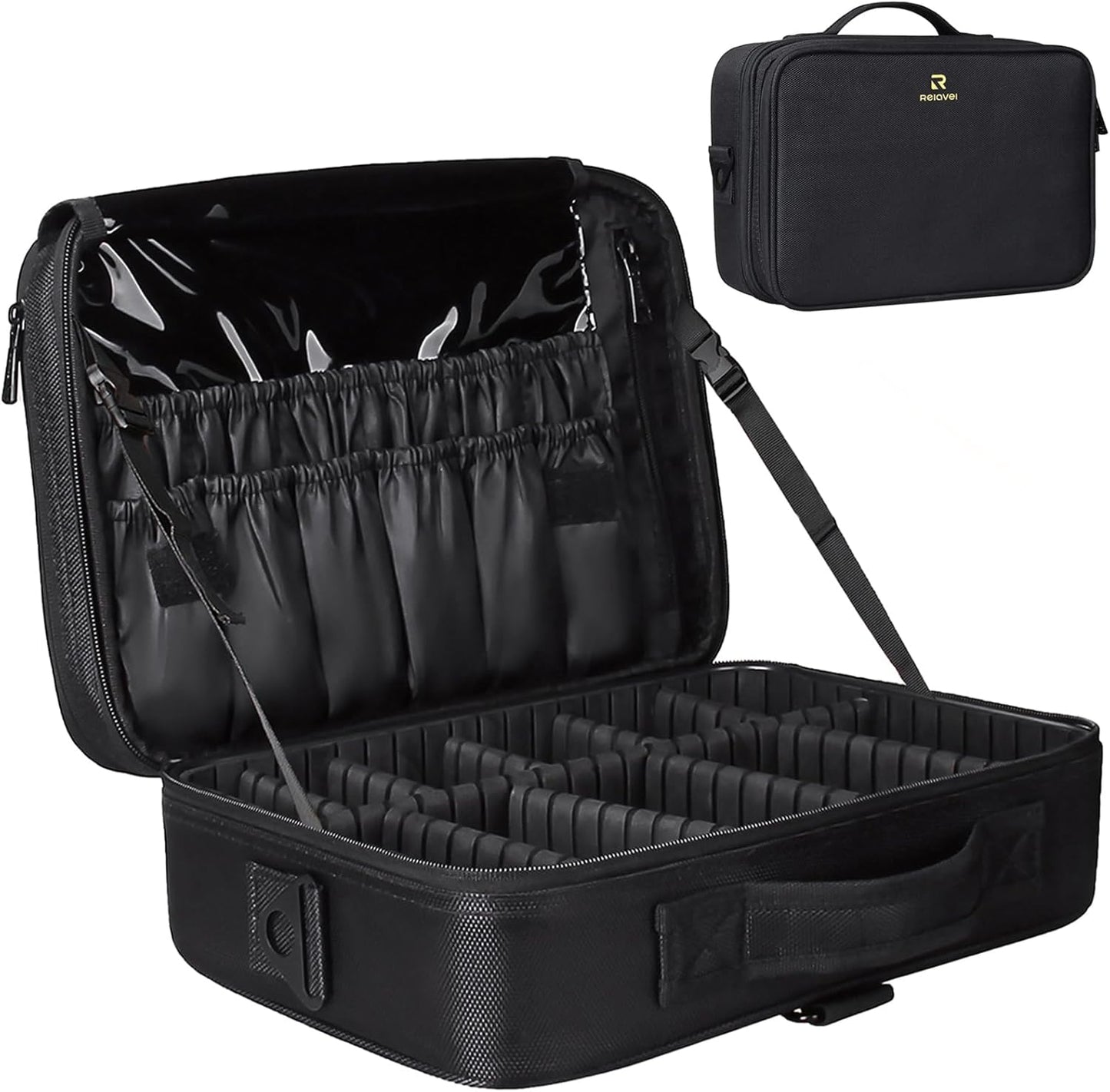 Relavel Portable Travel Makeup Case Organizer with Adjustable Dividers - Black Cosmetic Storage for Brushes, Toiletries & Jewelry