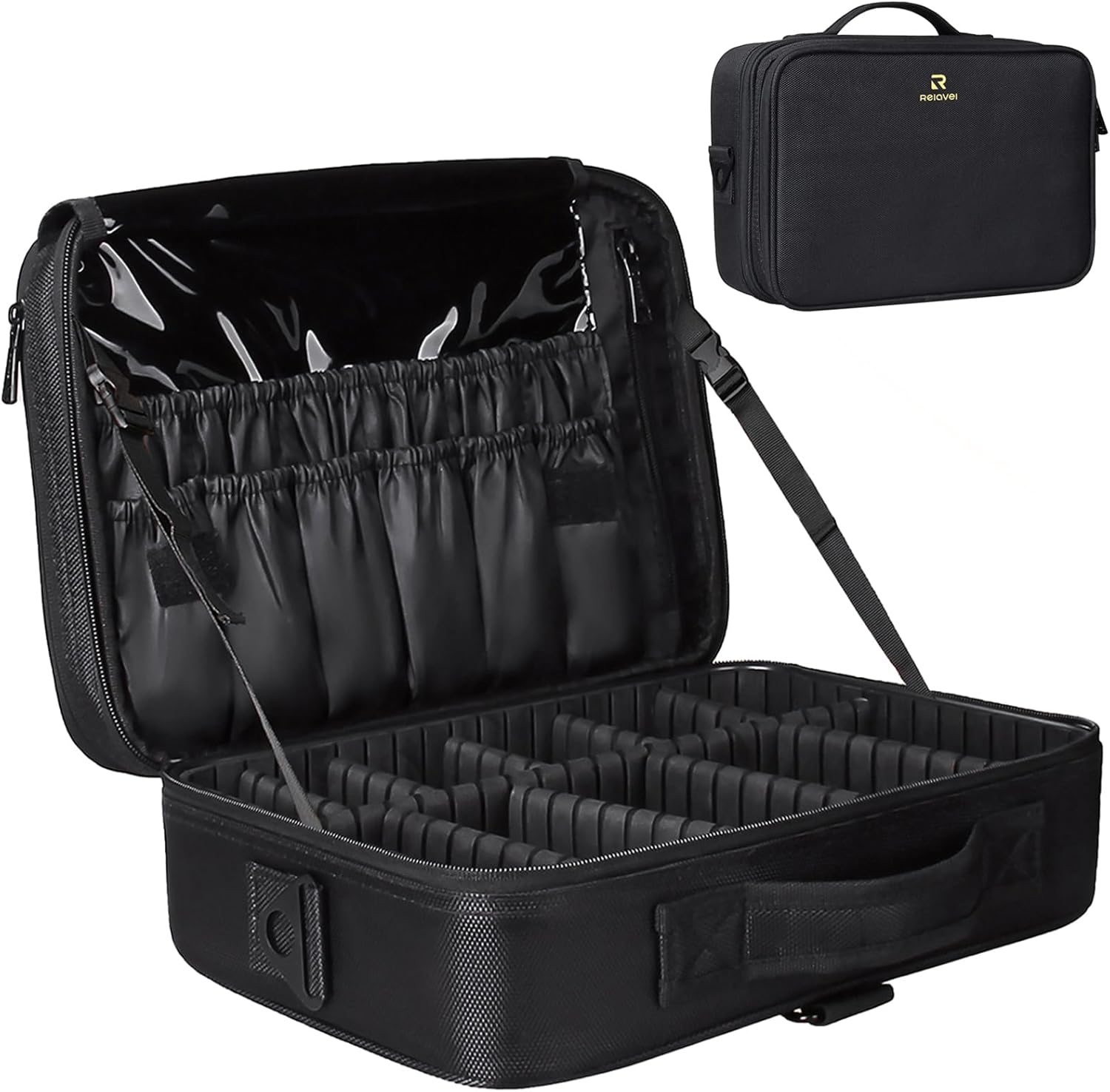 Relavel Portable Travel Makeup Case Organizer with Adjustable Dividers - Black Cosmetic Storage for Brushes, Toiletries & Jewelry