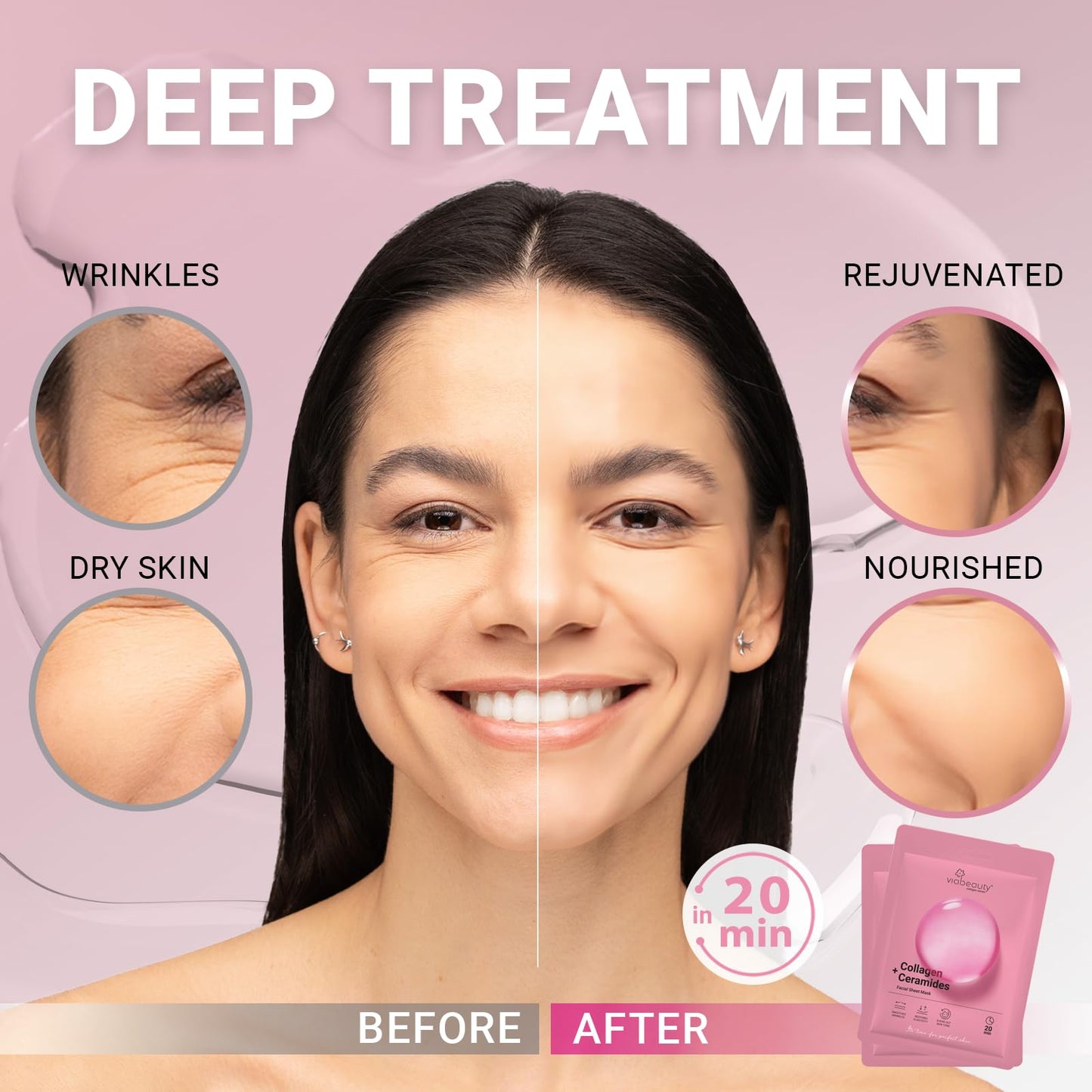 VIABEAUTY 24 Pack of Collagen Face Mask with Ceramides - Rejuvenating Facial Sheet Mask, Fine Lines & Reduce Wrinkles - Face Masks Skincare Moisturizing Collagen Mask for All Skin Types