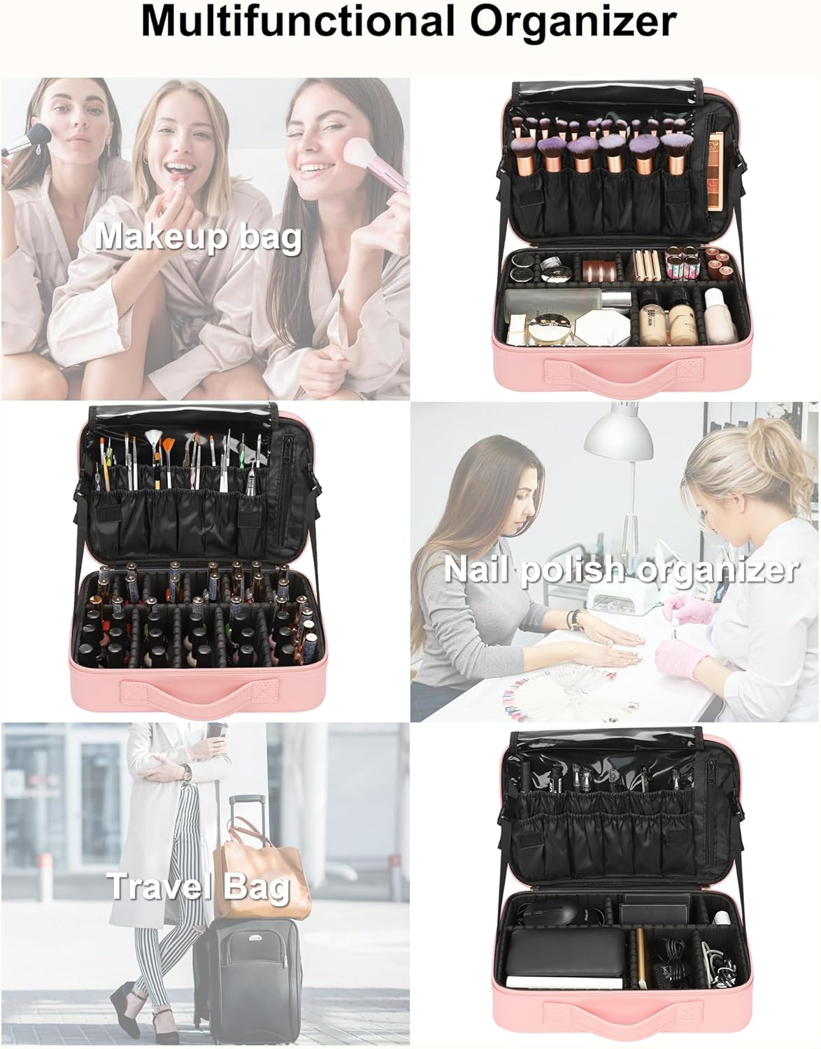 Relavel Portable Travel Makeup Case Organizer with Adjustable Dividers - Black Cosmetic Storage for Brushes, Toiletries & Jewelry