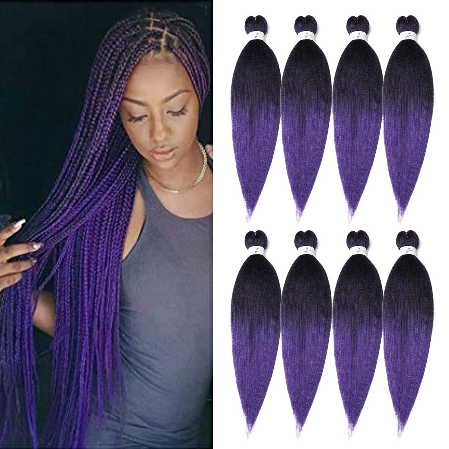 8 Packs 20-Inch Ombre Pre-Stretched Braiding Hair - Soft Yaki Texture Extensions