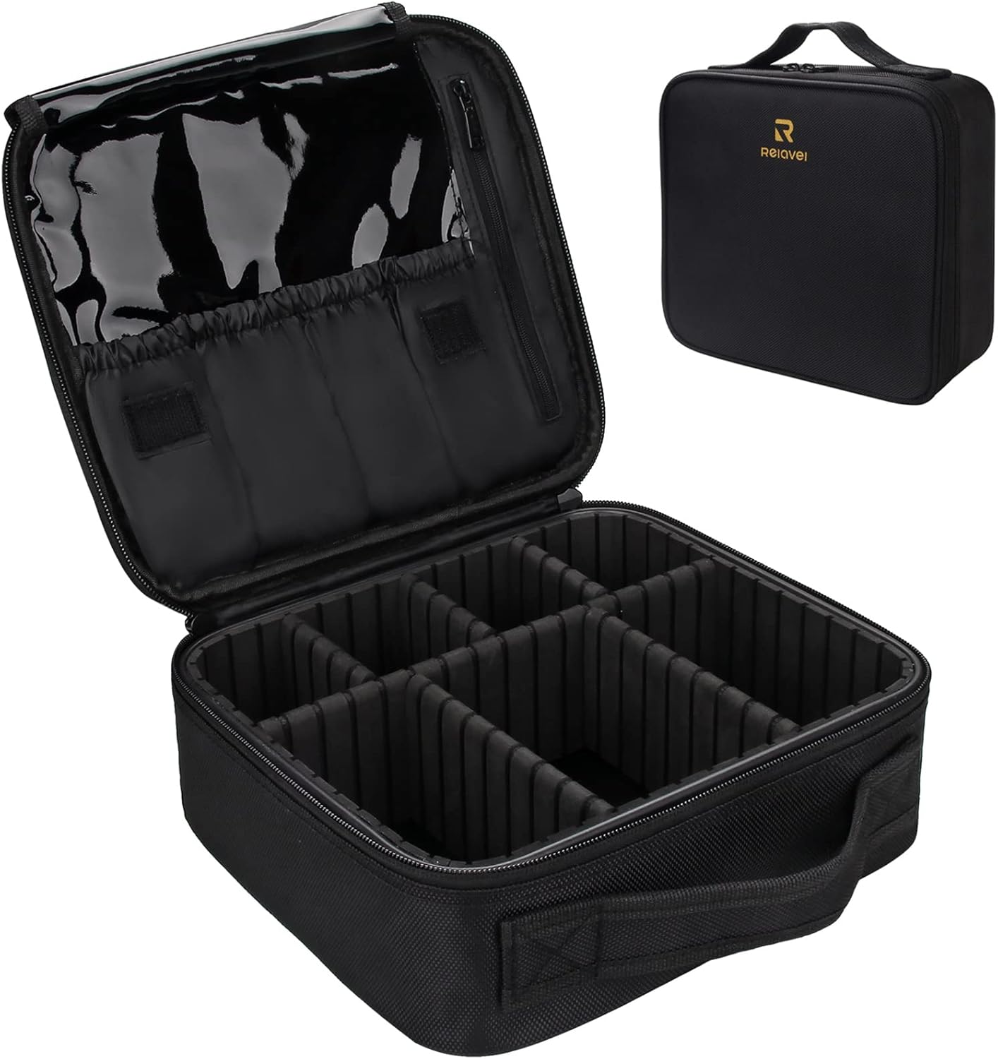 Relavel Portable Travel Makeup Case Organizer with Adjustable Dividers - Black Cosmetic Storage for Brushes, Toiletries & Jewelry