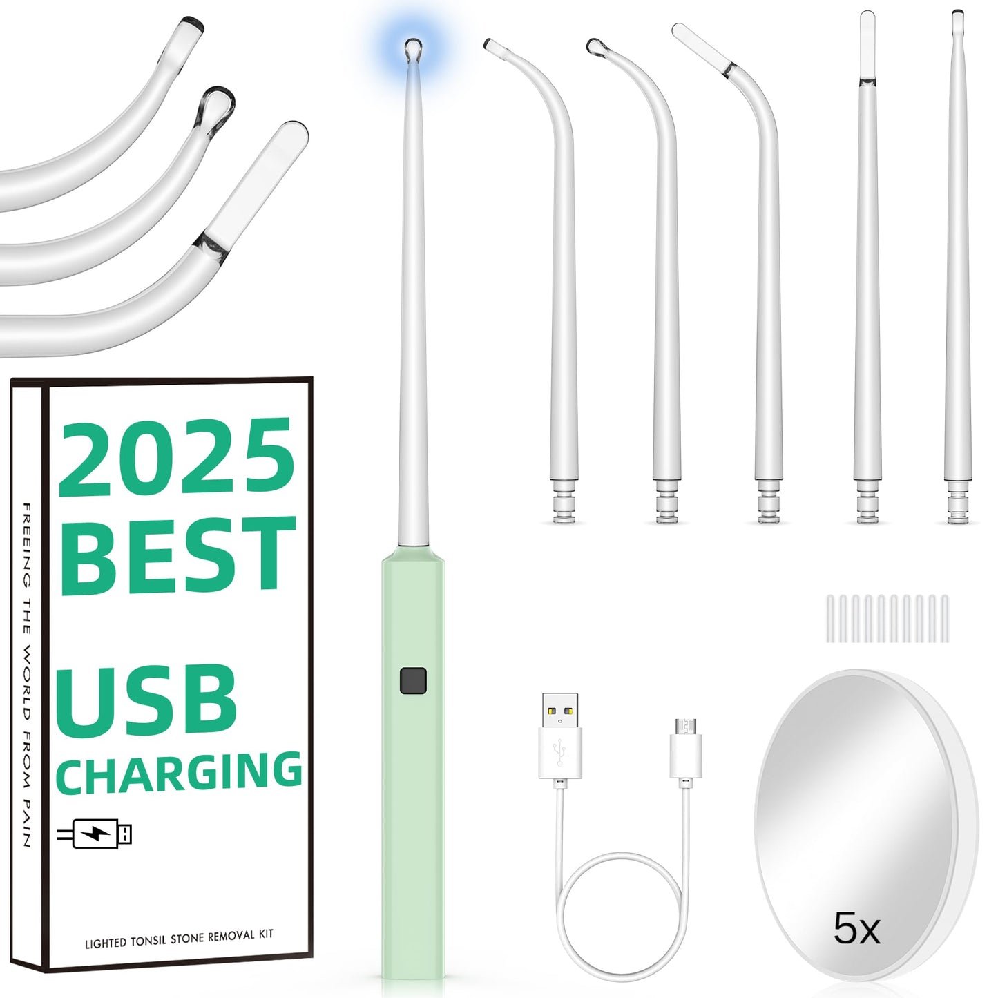 EVNRH 2025 Best Tonsil Stone Remover 6pcs Extended LED Light Guiding Scoop Curved Tonsil Stone Removal Kit Remove Tonsil Stone Water Flosser Oral Irrigator Tool Rinse Syringe Cleaner Fresh Breath Soft