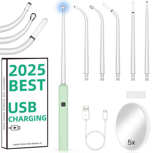 EVNRH 2025 Best Tonsil Stone Remover 6pcs Extended LED Light Guiding Scoop Curved Tonsil Stone Removal Kit Remove Tonsil Stone Water Flosser Oral Irrigator Tool Rinse Syringe Cleaner Fresh Breath Soft