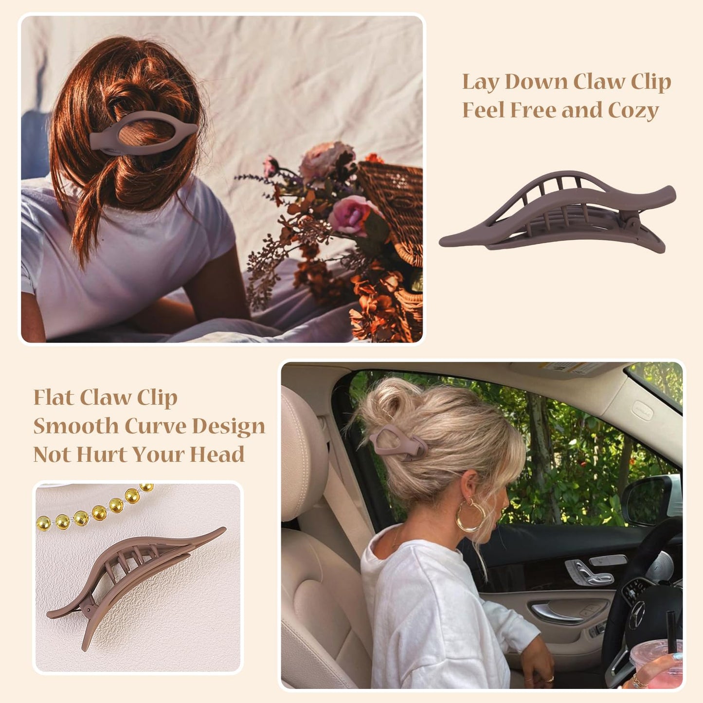 CHANDAT Flat Hair Clip 6 pcs Lay Down Claw Clips Hair Accessories for Women -Brown