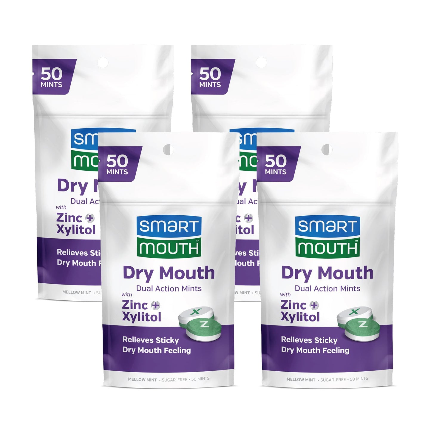 SmartMouth Dry Mouth Dual-Action Mints - Sugar-Free - 50 Count, 4 Pack, Mellow Mint
