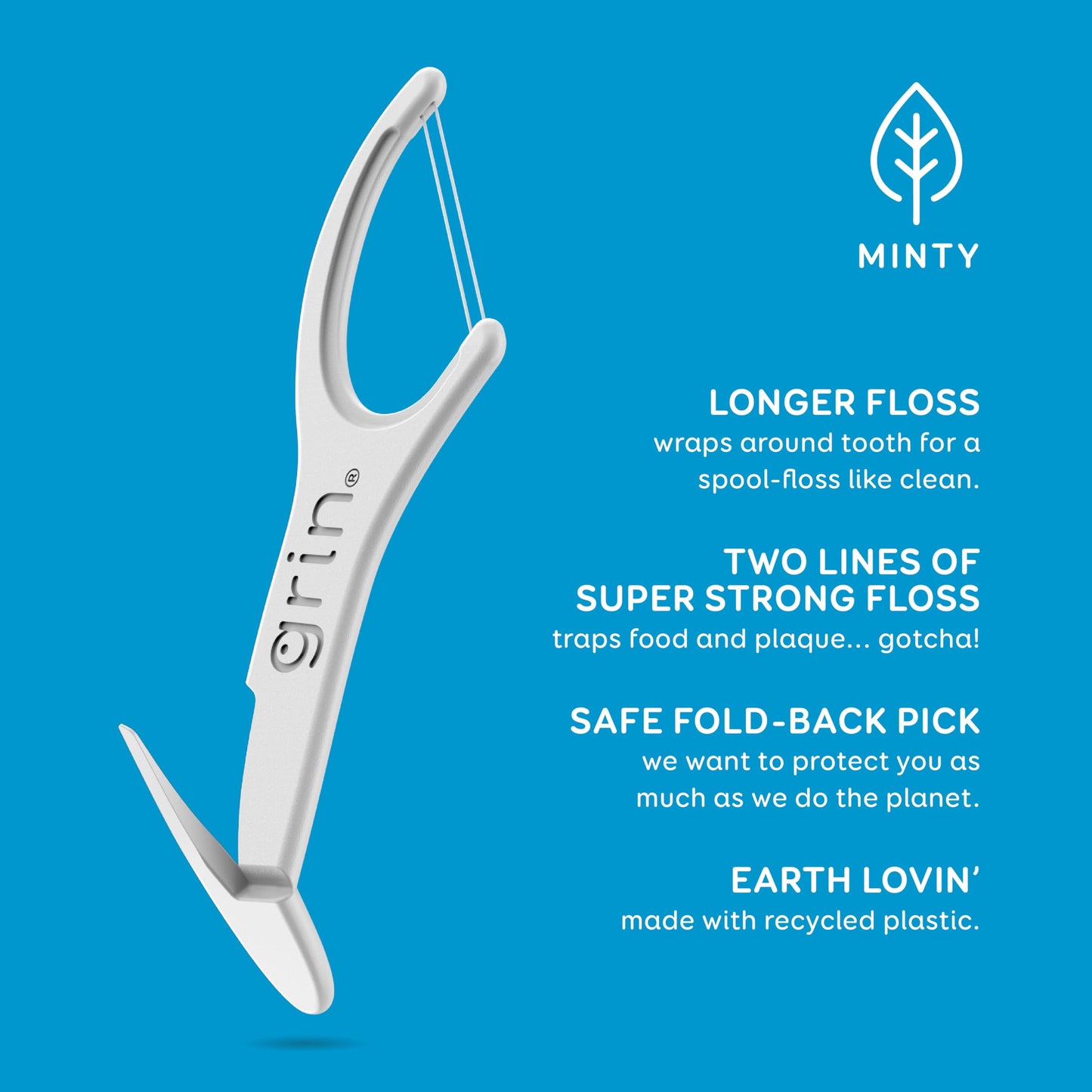 GRIN Double Flosspyx, Floss Picks, 75 Count, Dental Flossers, Minty Flavor, Recycled Plastic, 2 Lines of Strong Floss, Longer Floss Head, Traps Food and Plaque, Includes Safe Soft Fold-Back Tooth Pick