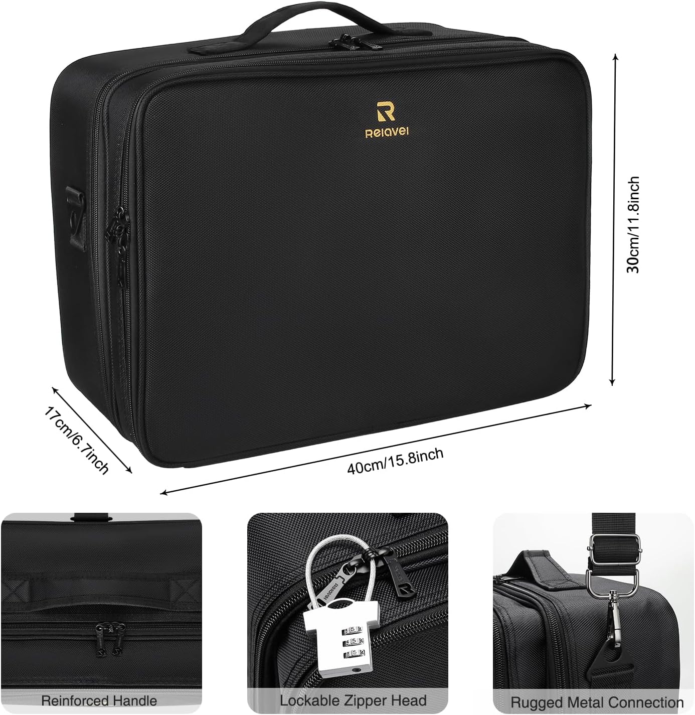 Relavel Portable Travel Makeup Case Organizer with Adjustable Dividers - Black Cosmetic Storage for Brushes, Toiletries & Jewelry