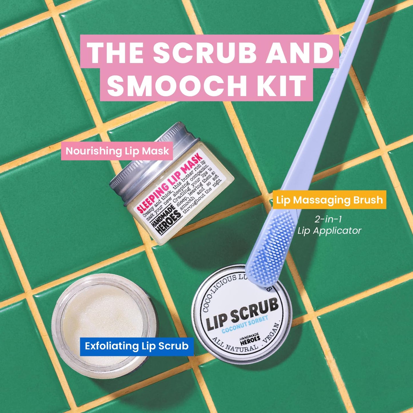 Vegan Coconut Lip Scrub - 100% Natural Exfoliator for Chapped Lips | 3pc Set