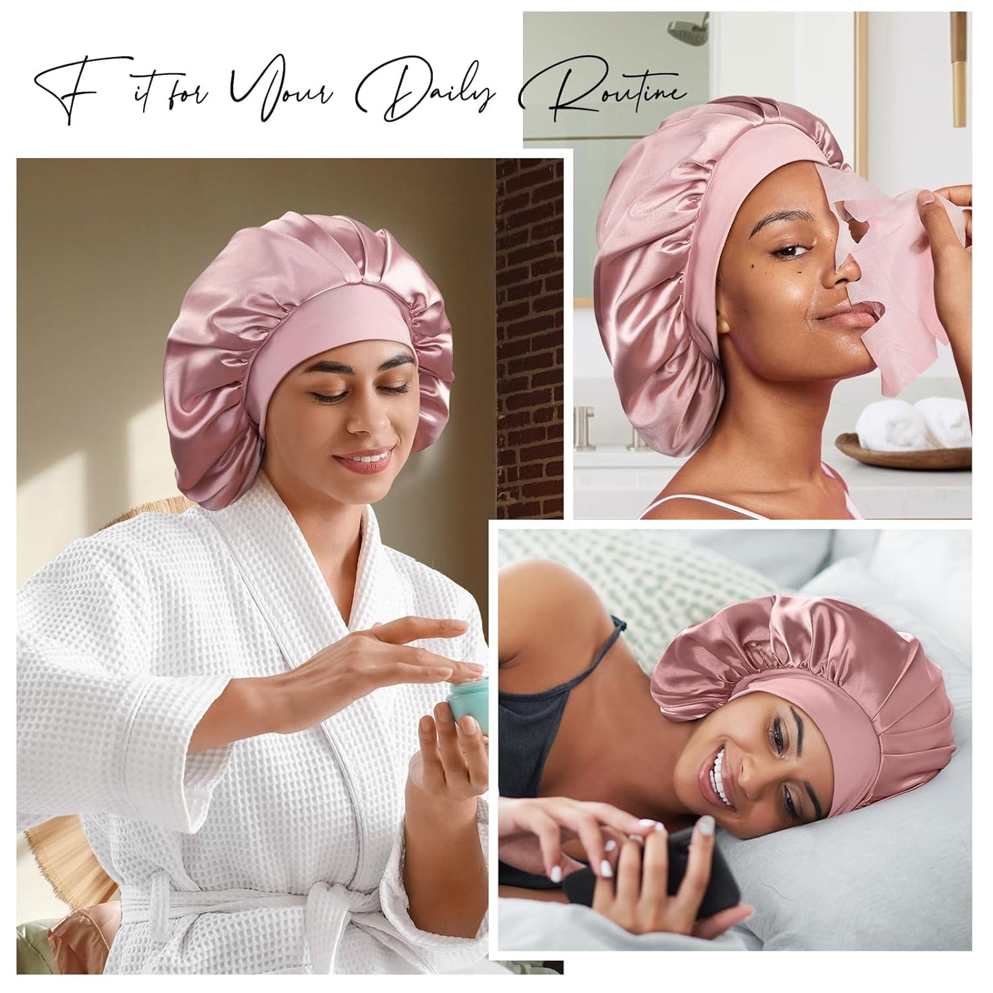 22 Momme Mulberry Silk Bonnet for Women - Double-Sided Non-Slip Sleep Cap for Long Curly Hair, Adjustable Band, Ebony