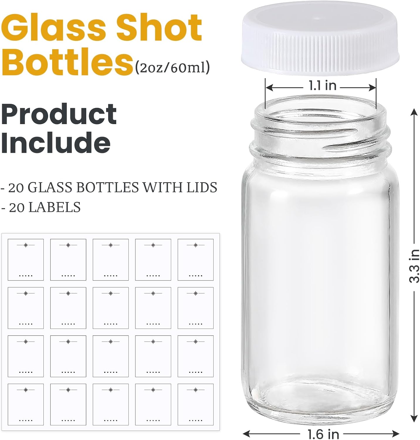 20 Pack Mini Glass Shot Bottles 2 oz with Lids & Labels - Leakproof Travel Jars for Juice, Whiskey, Wellness Shots