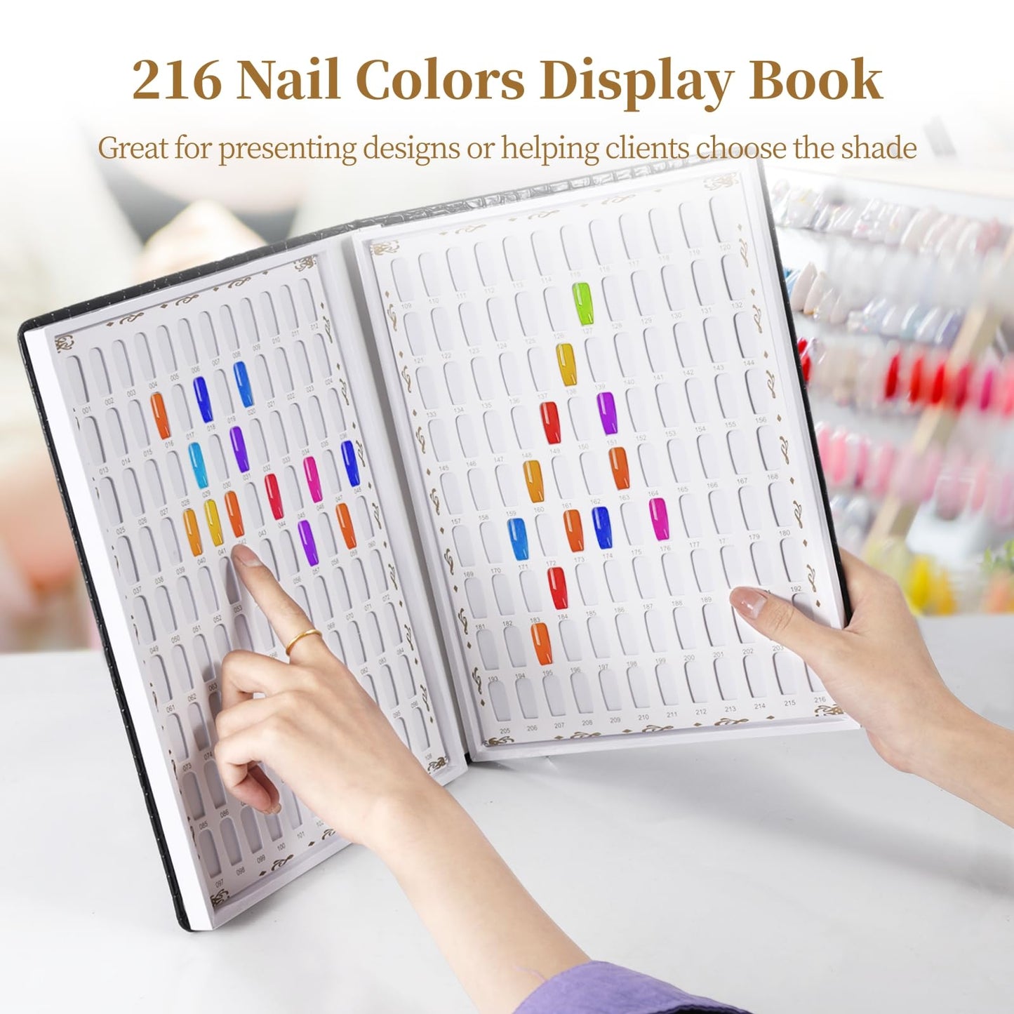216 Nail Colors Display Book, Nail Gel Polish Organizer Book, Waterproof Textured PU Leather Nail Color Chart with 240 False Nail Tips & 1-300 Numbered Stickers for Nail Art Salons, DIY Nail Design