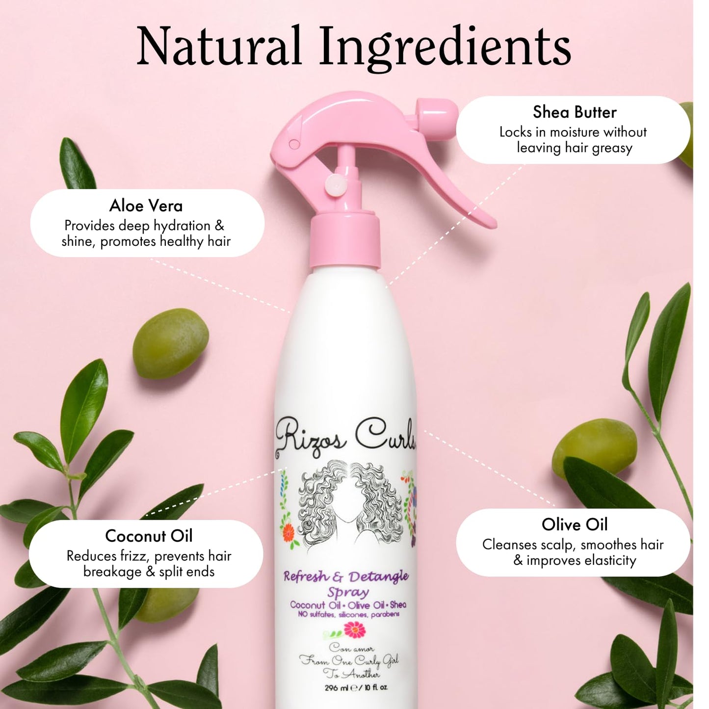 Rizos Curls Refresh & Detangle Spray Detangling & Curl Leave-In with Coconut Oil Nourishes, Hydrates & Controls Frizz for Every Curl Pattern Adds Shine, Hair Types Vegan & Cruelty-Free