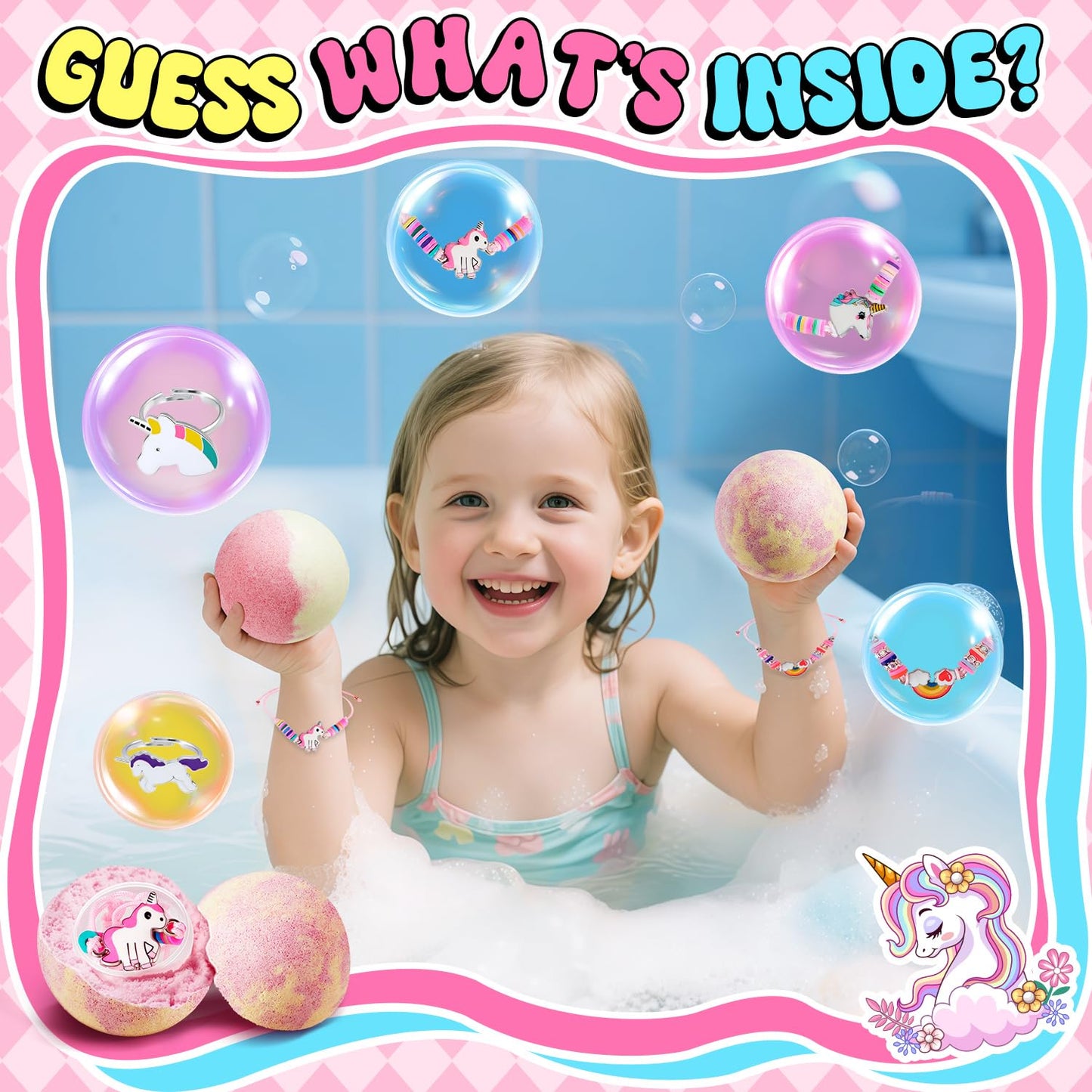 Kids Bath Bombs with Surprise Inside,9 Pack Unicorn Bath Bombs for Girls-5 with Surprise Toys,Including Jewelry Toys,Natural Organic Kids Bubble Bath with Fruity Scents,Relaxing Aromas,Birthday Gift