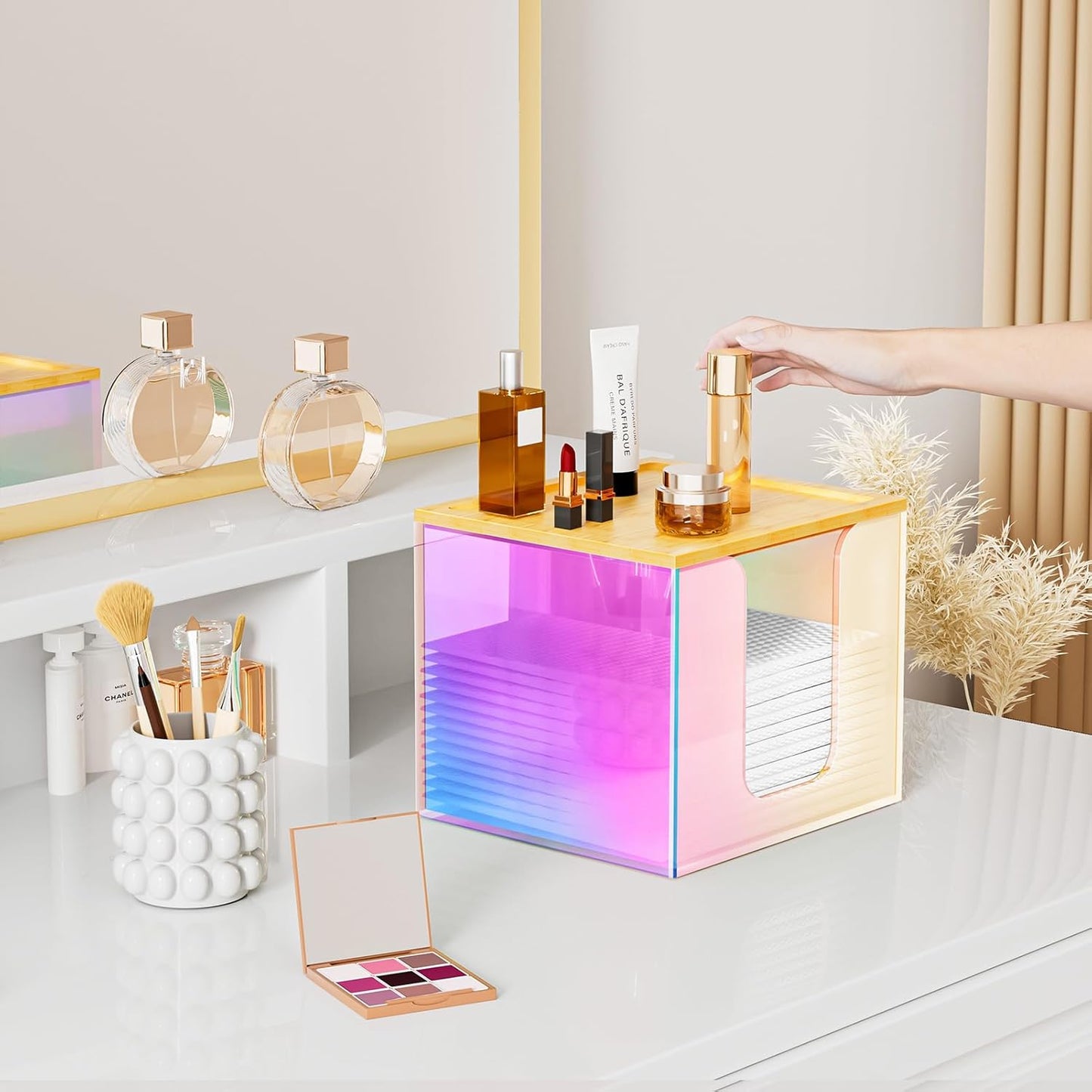 VITVITI Acrylic Face Towel Holder Box - Large Disposable Towel Storage with Bamboo Lid for Bathroom & Vanity