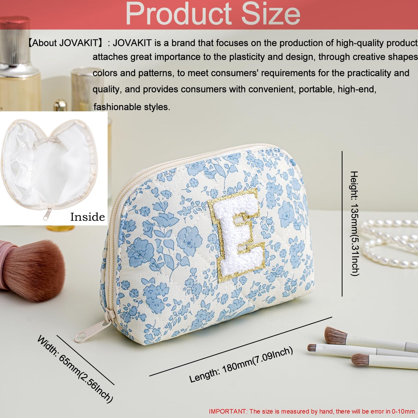 JOVAKIT Conch Alphabet Makeup Bag Cosmetic Bag for Women, Christmas Gifts for Women Girls, Blue Floral Coquette Travel Bag, Zipper Make Up Pouch Organizer Trendy Stuff (Blue Floral E)