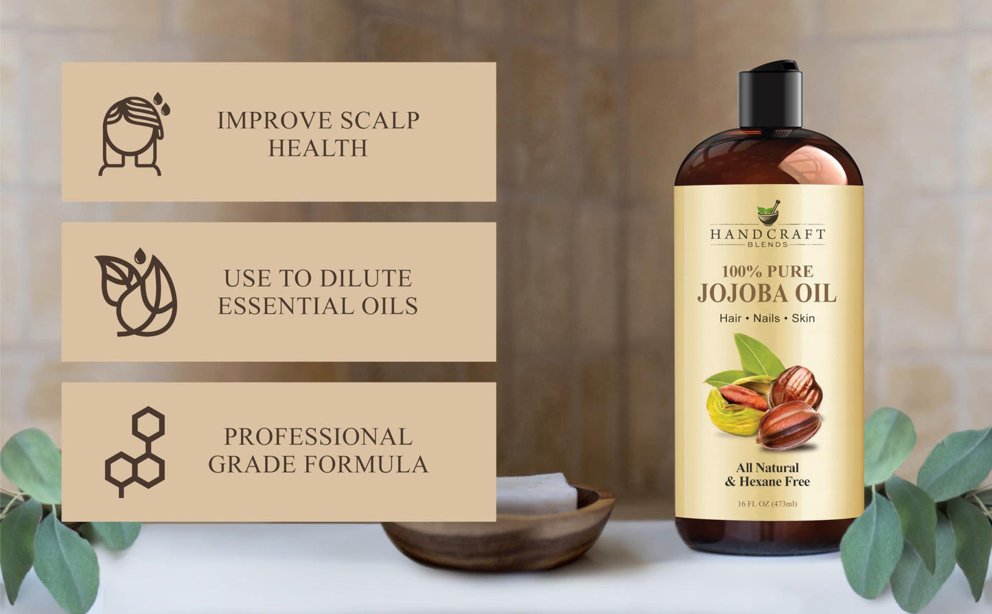 Handcraft Blends Jojoba Oil - Cold-Pressed 16 Fl Oz - 100% Pure and Natural Premium Grade Carrier Oil for Skin and Hair - Body Massage - Hexane-Free - Hair Relaxer for Tight Curls