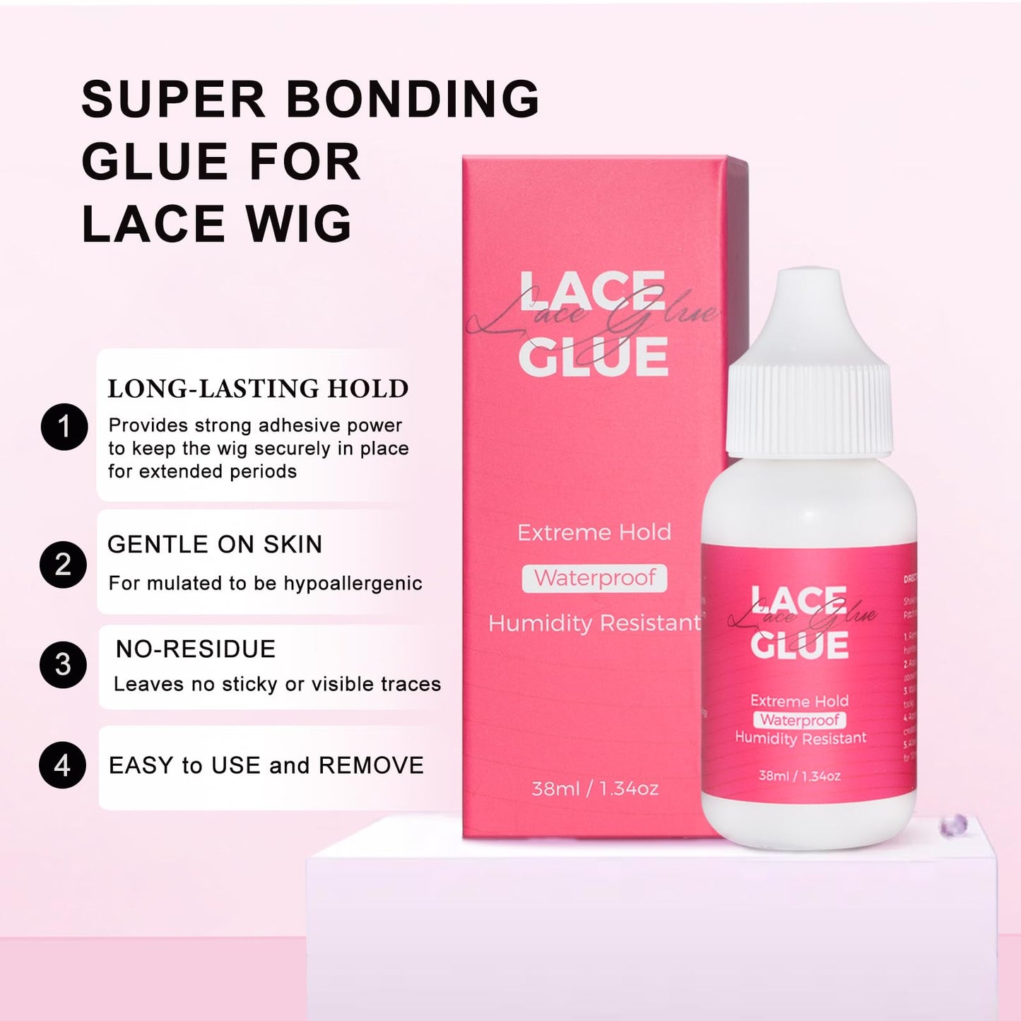 Extreme Hold Lace Glue for Wigs, Waterproof Oil-Resistant Wig Glue for Front Lace Wig, Strong Invisible Bonding Adhesive, 1.3oz, Non-Toxic, No Shine, No Odor or Latex