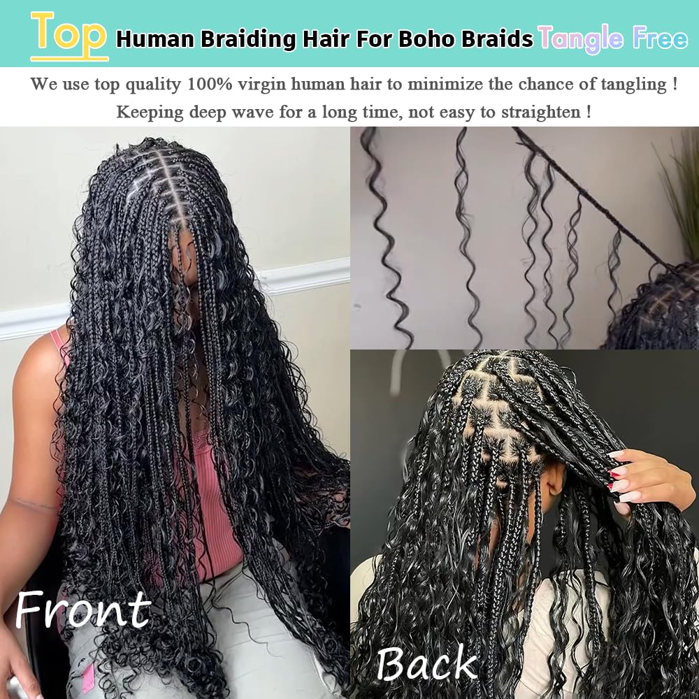 Human Braiding Hair for Boho Braids Deep Wave Bundles Human Hair 150g 6 Bundles/Pack 14 Inch Bulk Boho Hair for Braiding 12A Brazilian Curly Boho Braids Human Hair Braiding Hair Natural Color