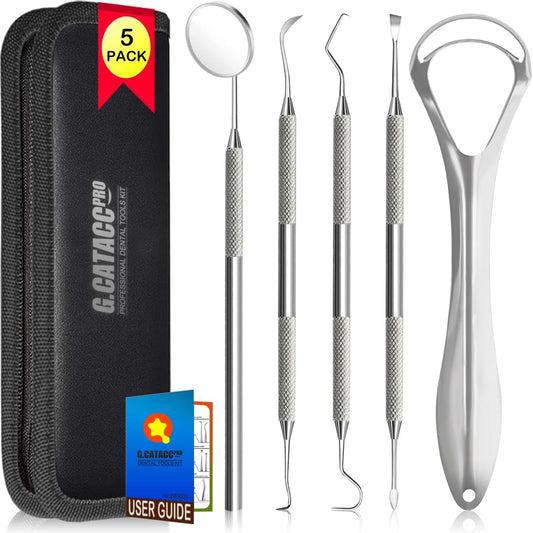 G.CATACC Dental Tools Teeth Cleaning Oral Care Hygiene Kit with Metal Dental Pick, Tongue Scraper Plaque Tartar Remover for Teeth - with Case