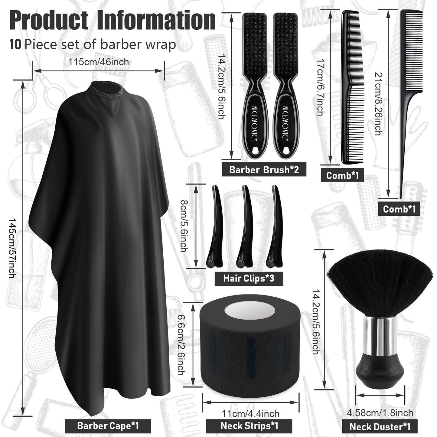 NICEMOVIC 10 in 1 Hair Cutting Barber Cape with Neck Duster Brush Barber Brush Neck Strips Hair Combs Hair Clips, Professional Barber Accessories Cleaning Supplies for Salon Haircut Styling (Black)