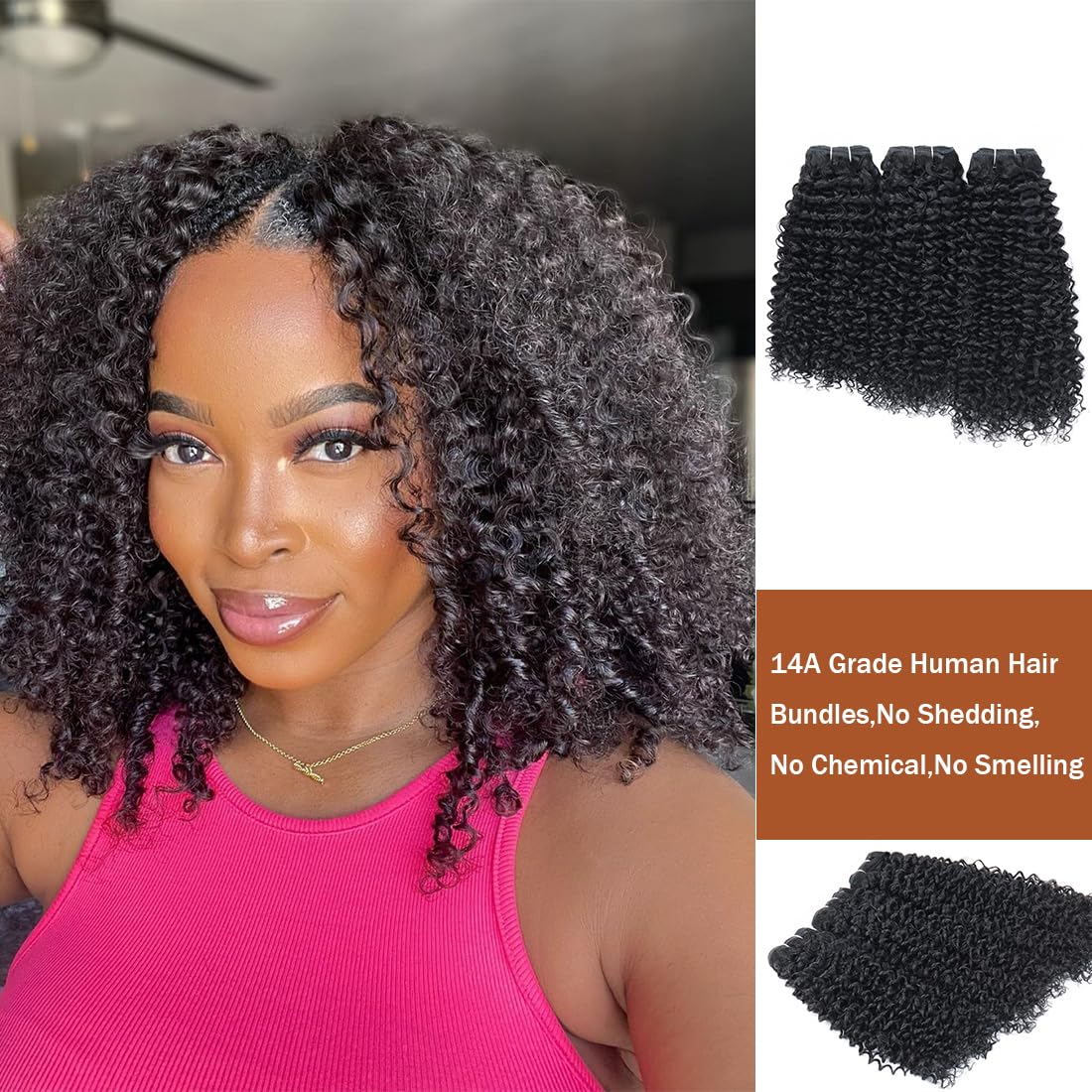 Ladoux Kinky Curly Bundles Human Hair 20 22 24 26Inchs Kinky Curly Human Hair 4 Bundles 100% Unprocessed Brazilian Virgin Remy Hair For Women Natural Black Color