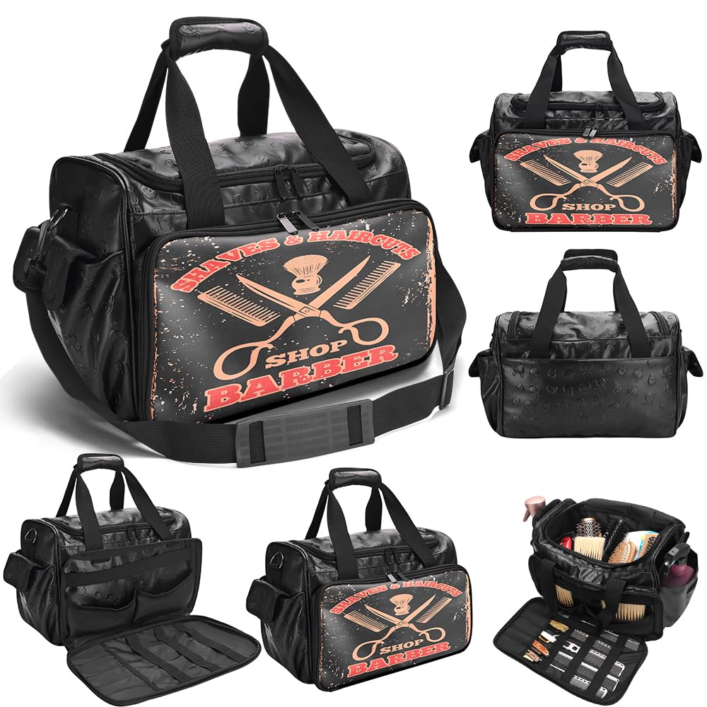 CestoMen PRO Large Capacity Barber Bag - Multi-Pocket Salon Organizer with Protective Lining, Thermal Pockets & Scissor Holder, Waterproof PU Leather for Hair Stylists & Personal Grooming (Black)