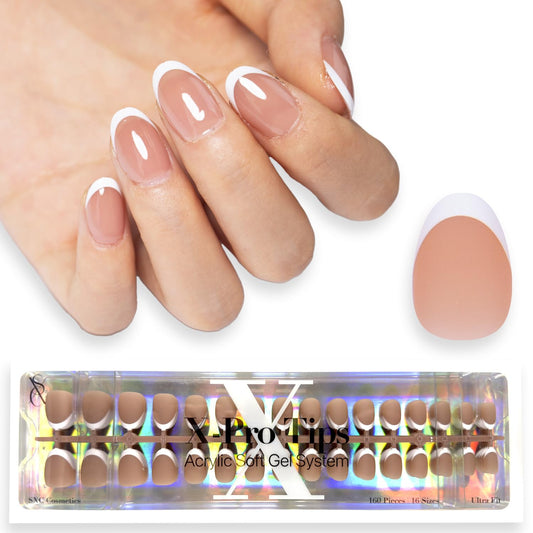 French Tip Press-On Nails - Brown Extra Short Almond - 160 Pieces, 16 Sizes, Ultra Fit with Primer & Base Coat