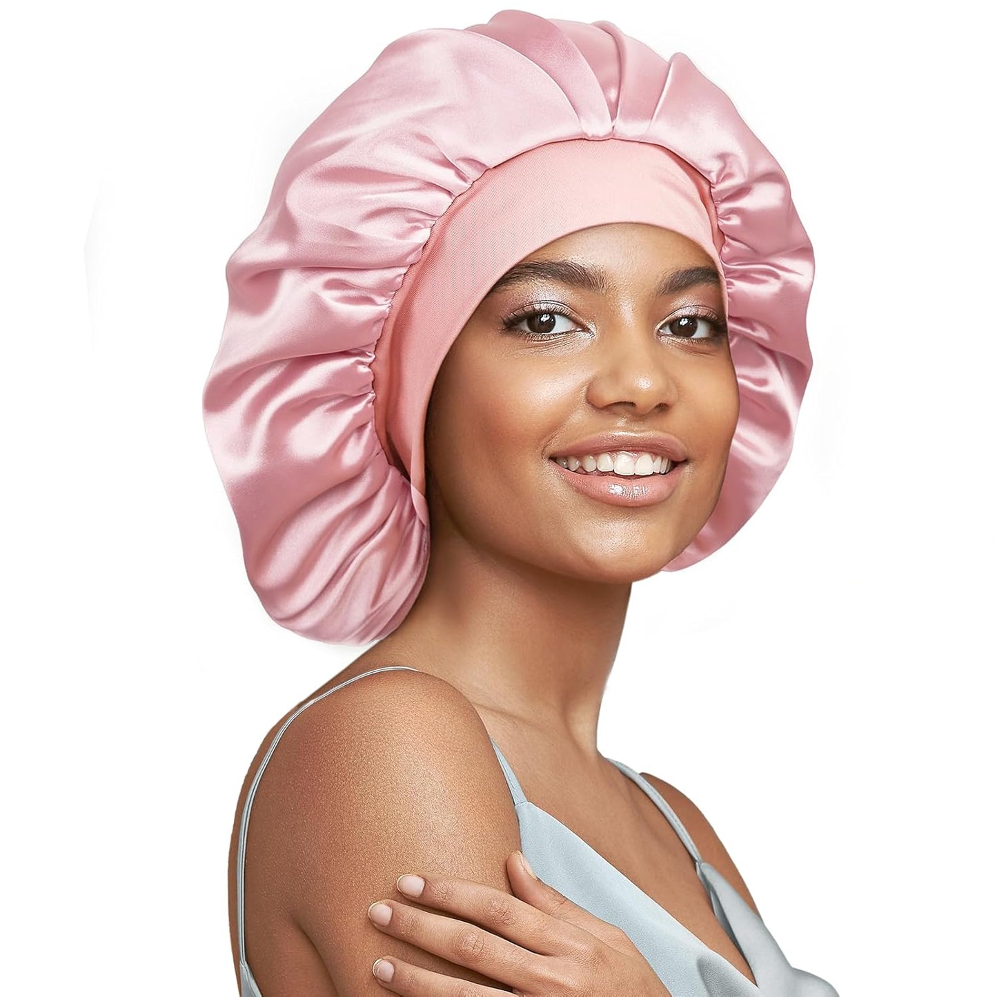 22 Momme Mulberry Silk Bonnet for Women - Double-Sided Non-Slip Sleep Cap for Long Curly Hair, Adjustable Band, Ebony