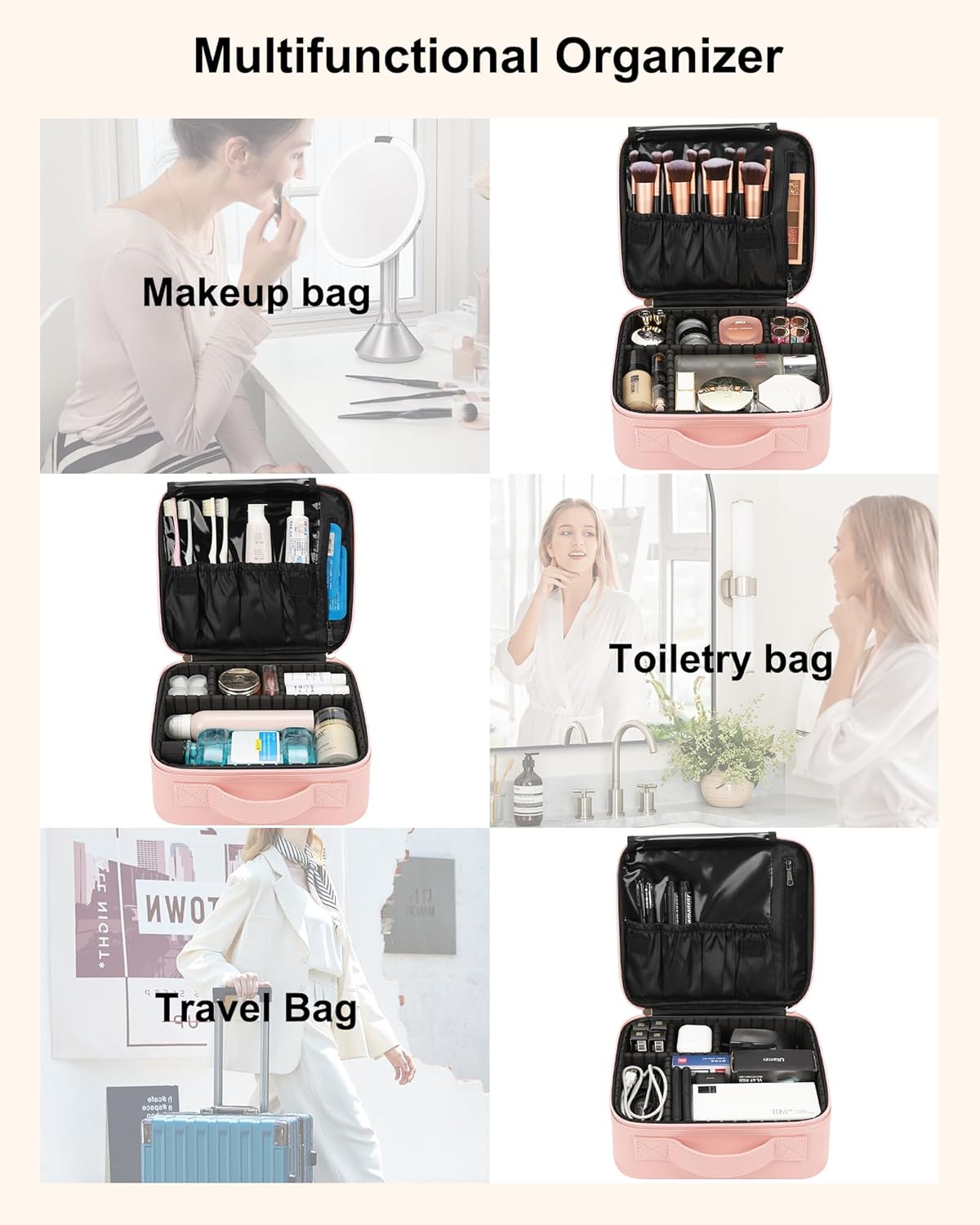 Relavel Portable Travel Makeup Case Organizer with Adjustable Dividers - Black Cosmetic Storage for Brushes, Toiletries & Jewelry
