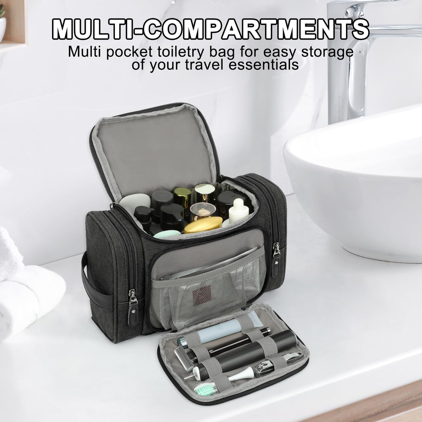 ZOMFELT Travel Toiletry Bag for Men, Canvas Toiletry Dopp Kit Organizer with Wet Pocket, Water-resistant Multiple Pockets Shaving Bag for Gym Essentials and Toiletries Accessories, Black