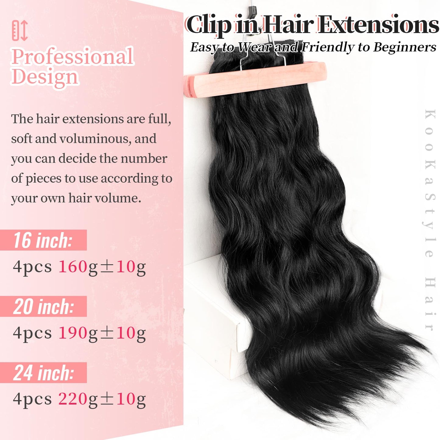 KooKaStyle Clip in Synthetic Hair Extensions Long Wavy 4PCS Thick Hairpieces Black Fiber Double Weft Natural Hair Extensions 24 Inch for Women