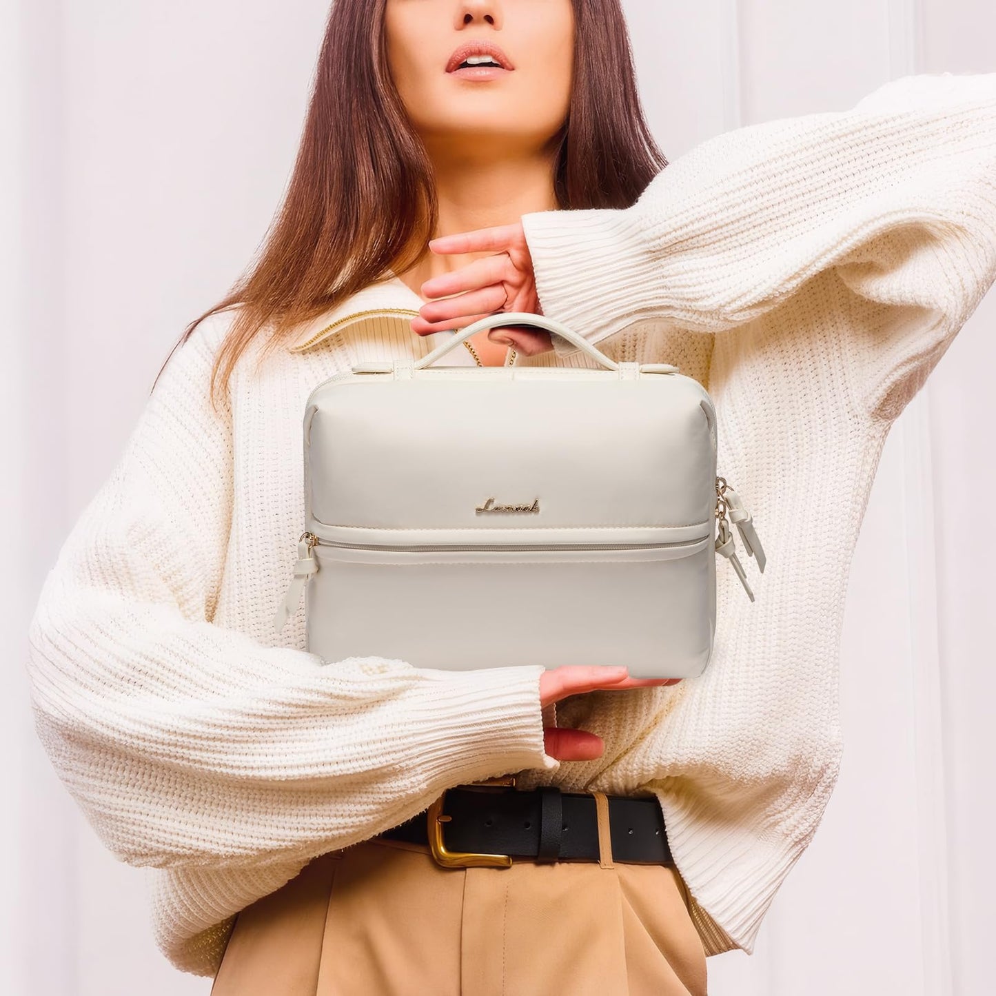 LOVEVOOK Travel Toiletry Bag With Hanging Hook for Women, Puffy Cosmetic Makeup Bag Organizer with Vegan Leather Handle for Accessories, Essentials, Toiletries, Off white