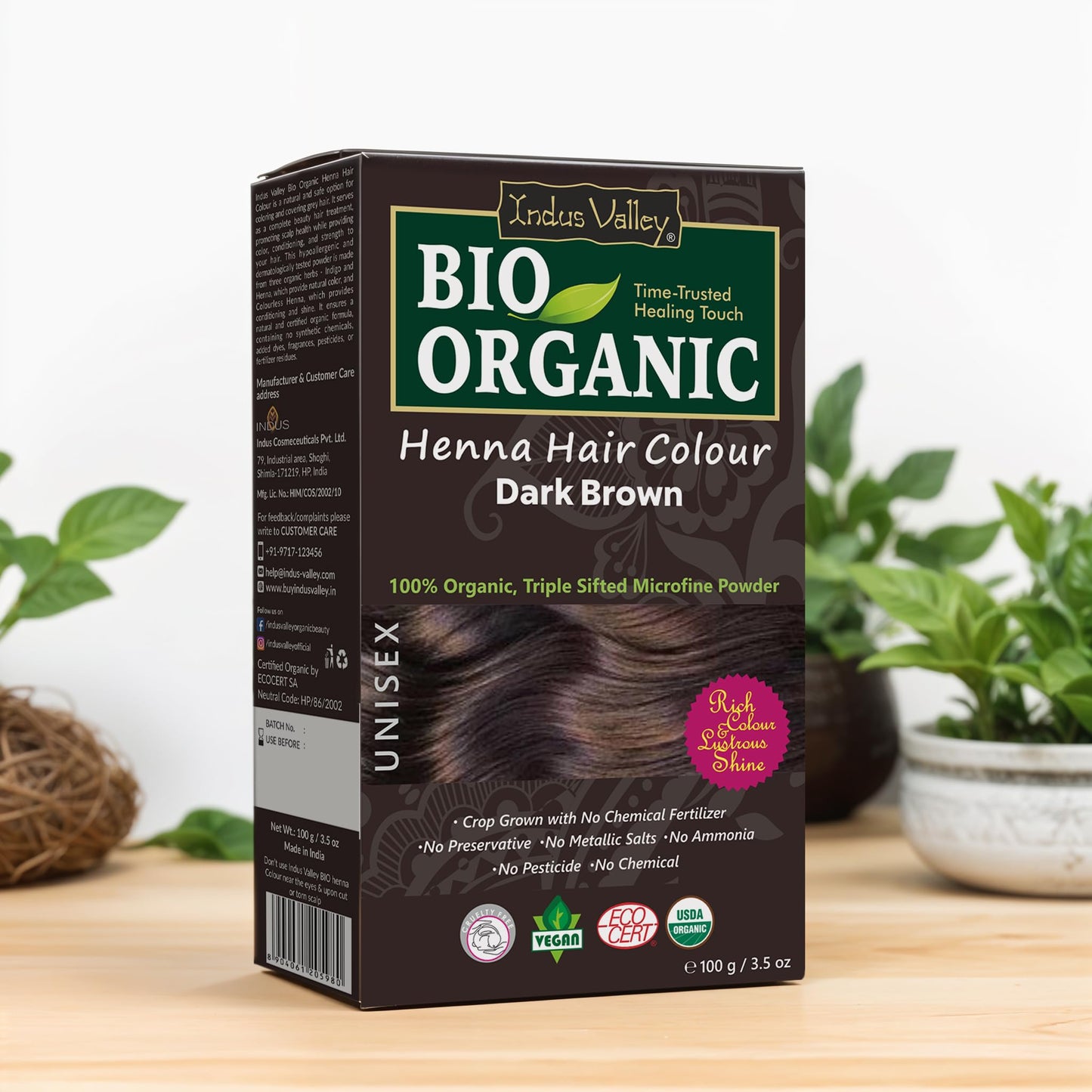 Indus Valley Bio Organic Natural Henna Powder For Hair Dye Dark Brown- 3.5 Oz