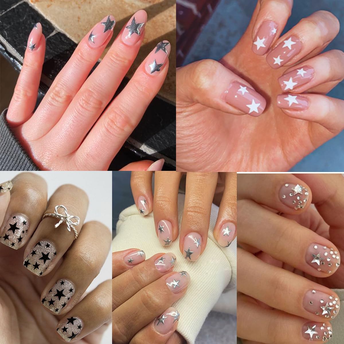 6 Sheets Star Nail Stickers 3D Glitter Stars Nail Art Decals Self-Adhesive Black White Silver Laser Purple Red Star Nails Design Supplies Independence Day Stars Stickers for DIY Acrylic Manicure Tips