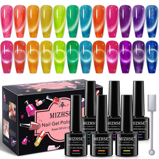 12-Pc MIZHSE Neon Cat Eye Gel Nail Polish Set - Magnetic Soak Off Manicure Kit, Blue Green Purple