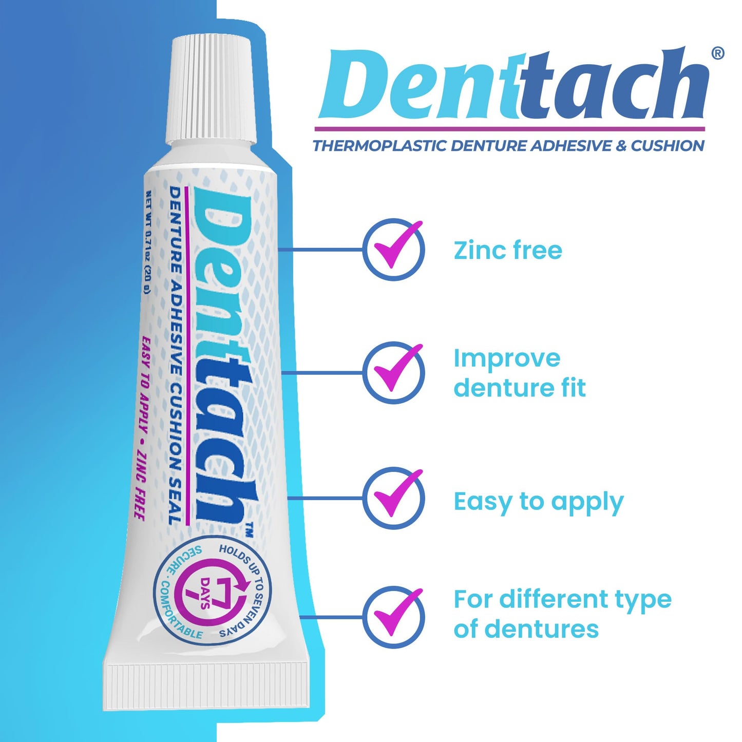 Denttach Seven Denture Adhesive, Thermoplastic Denture Adhesive, Cushion, Reliner for Upper and Lower Dentures, Comfortable, Secure Denture Grip for Up to 7 Days, Non Glue, Zinc Free
