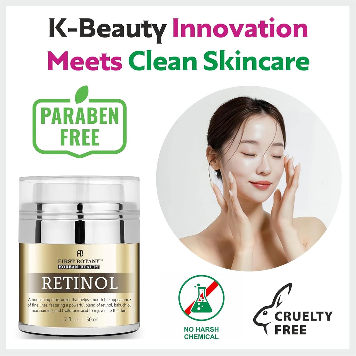 Korean Retinol Moisturizer Face Cream - Hydrating Anti-Aging Cream with Bakuchiol, Niacinamide & Hyaluronic Acid - 1.7 Fl Oz, Cruelty-Free