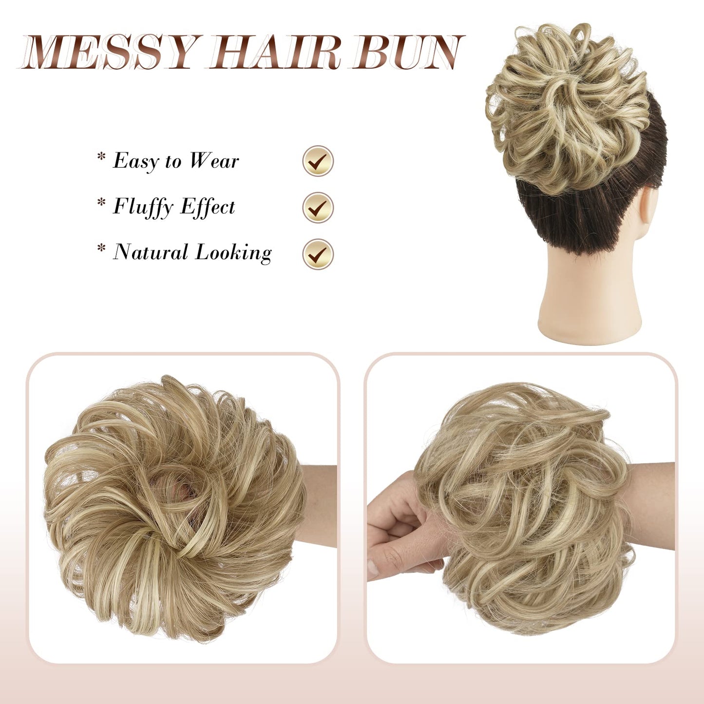 FESHFEN Messy Bun Hair Pieces - Large Wavy Curly Elastic Hair Bun Scrunchies Ponytail Extensions Synthetic Chignon Hairpieces for Women, Dirty Blonde 1.94oz