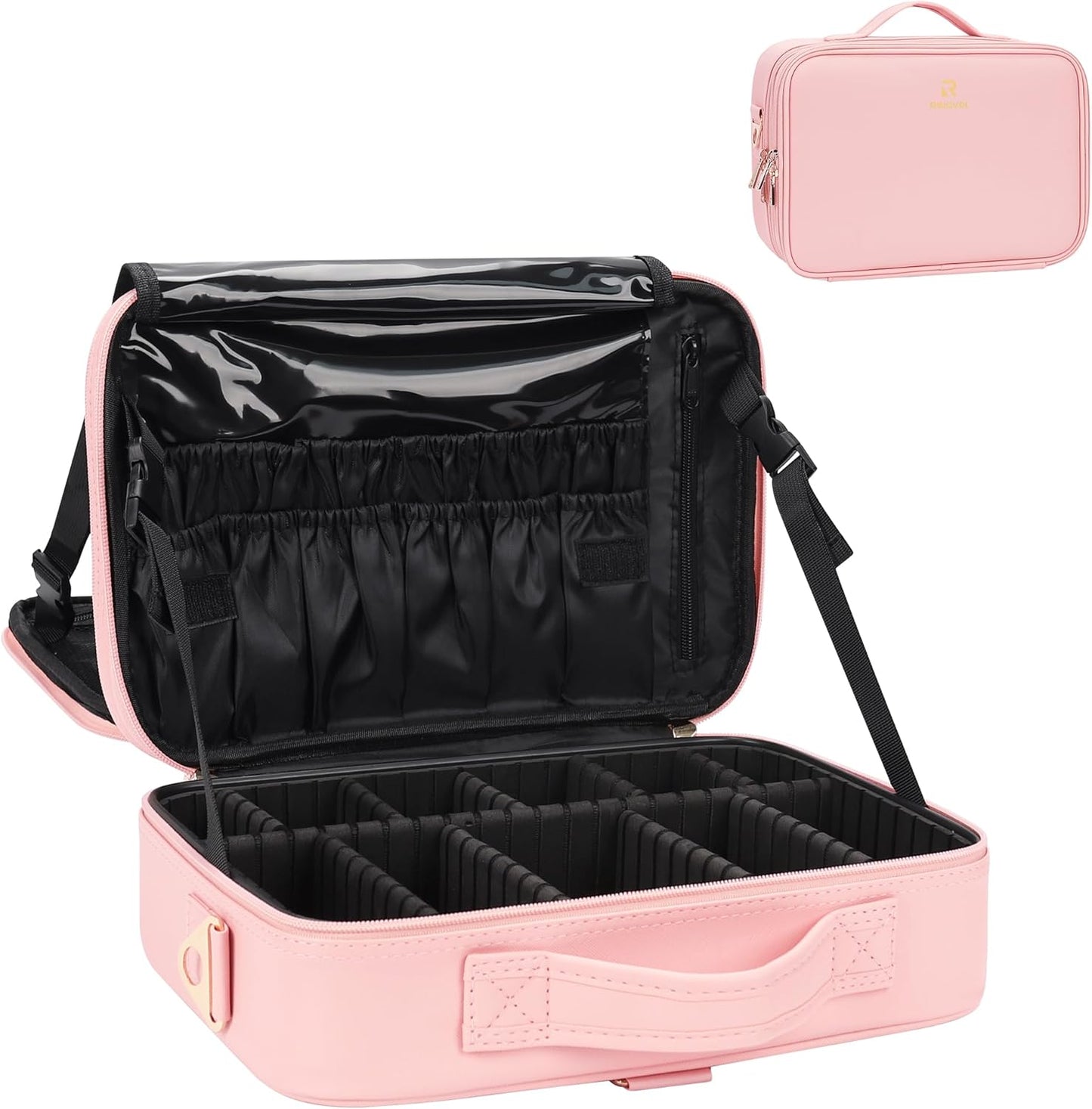 Relavel Portable Travel Makeup Case Organizer with Adjustable Dividers - Black Cosmetic Storage for Brushes, Toiletries & Jewelry