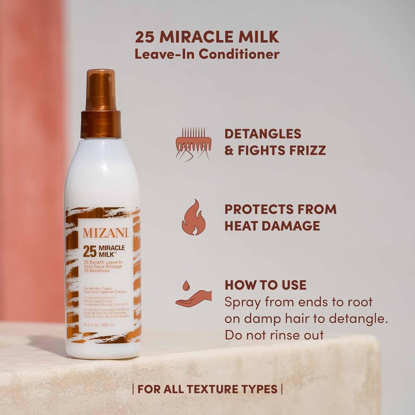 Mizani 25 Benefit Miracle Milk Leave in Conditioner - For Frizzy & Curly Hair, Heat Protectant & Detangler, With Coconut Oil, For Natural Hair, 8.5 Fl Oz