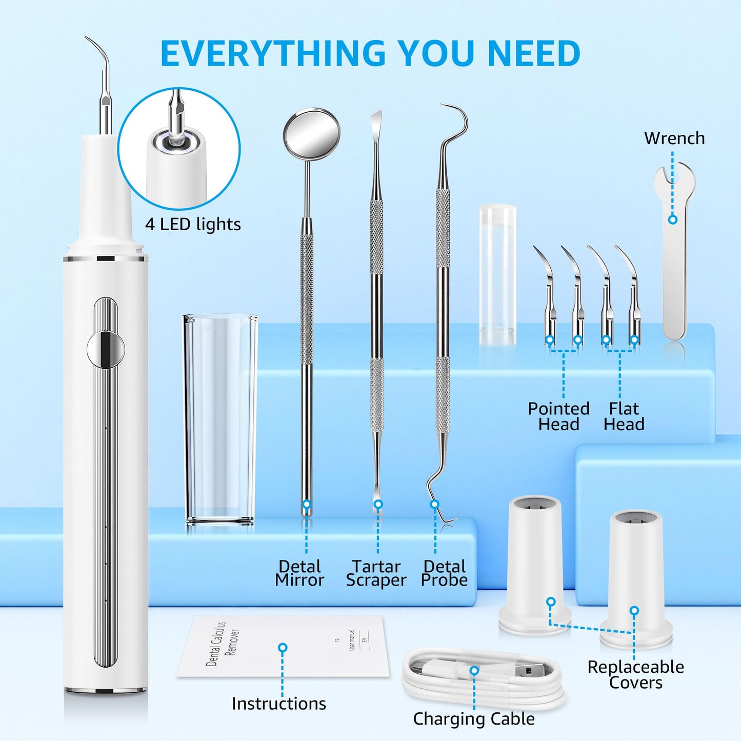 Teeth Cleaning Kit Plaque Remover for Teeth, Portable Dental Plaque Remover Tool with LED, Plaque Blaster for Human Teeth with 3 Modes, Tooth Scraper Plaque Tartar Remover for Teeth with Dental Tools