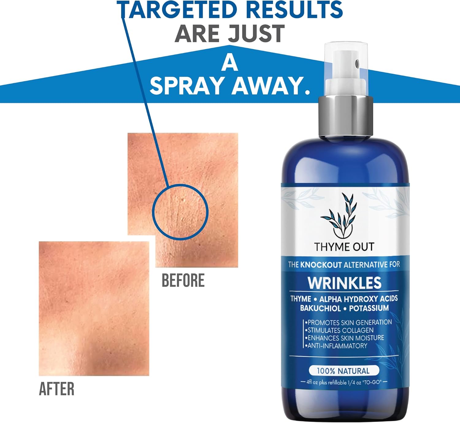 Anti-Wrinkle Face Mist Spray - All Natural with Thyme, Bakuchiol & AHA for Fine Lines & Collagen Boost (4 oz)