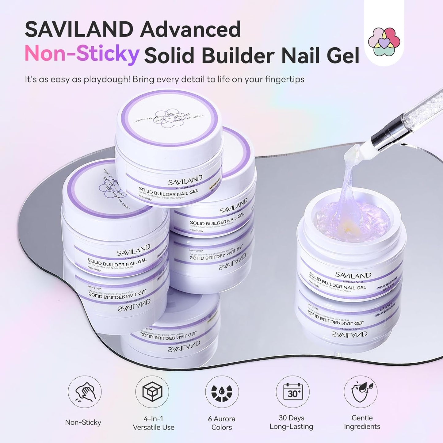 Builder Nail Gel Kit - 4 Colors (Clear, Nude, White, Pink) for Nail Extensions & 3D Sculpting - Long-Lasting Non-Sticky Hard Gel with Chrome Powder