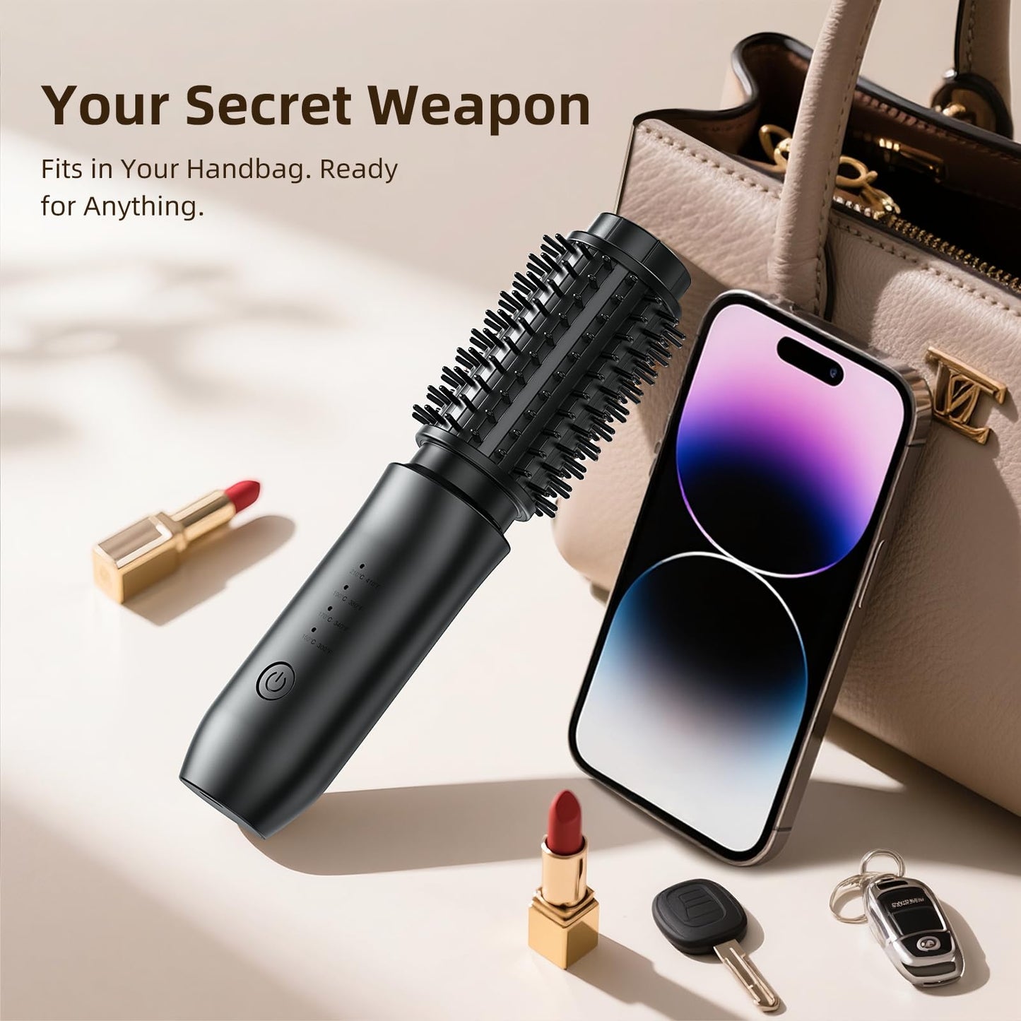 Cordless Curling Iron Brush, 1.5 Inch Mini Travel Hair Curler with 200 Million Negative Ions, Portable Heated Round Straightener Brush Rechargeable for Curl, Touch-Up, De-Frizz, Styling, Black