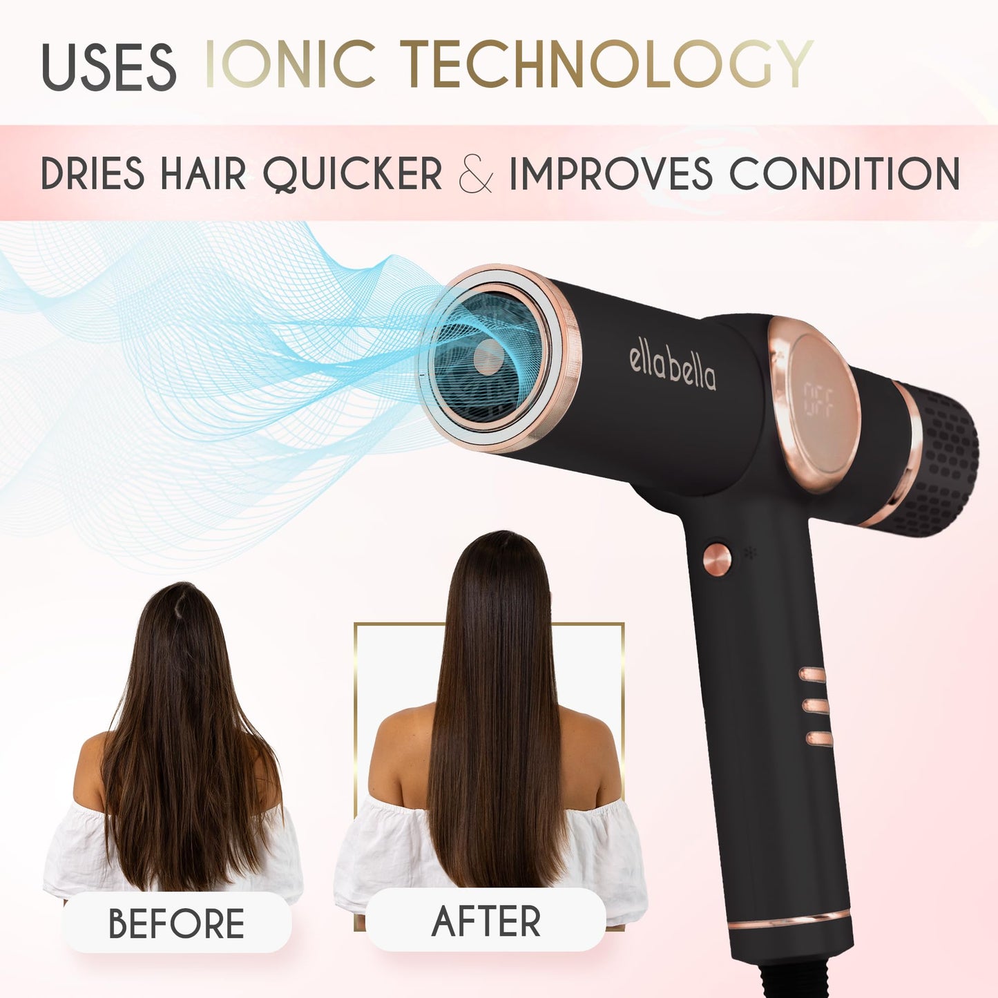 ELLA BELLA® Professional Ionic Hair Dryer with Diffuser • Negative Ion Blow Dryer • Suitable All Hair Types • Intelligent Heat Control & Rapid Drying Speeds • Lightweight Design • Low Noise Technology