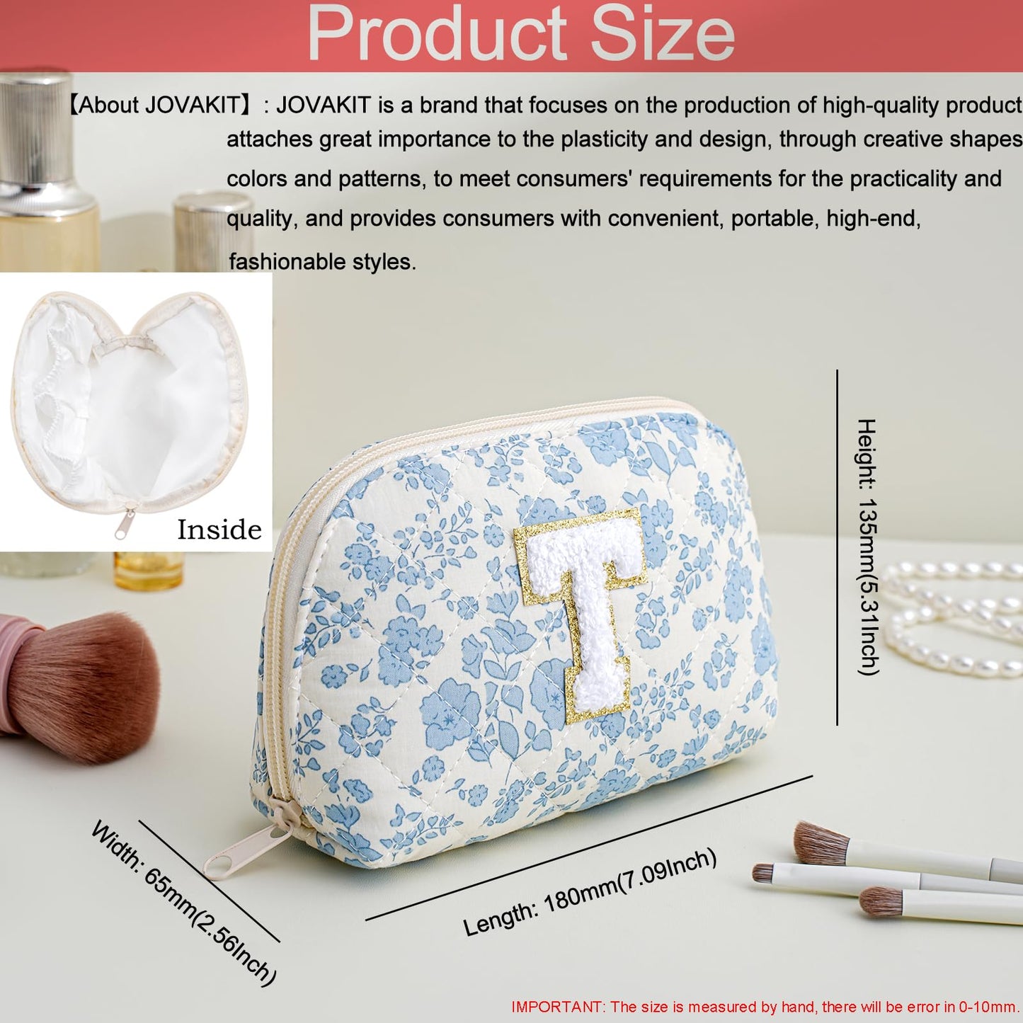 JOVAKIT Conch Alphabet Makeup Bag Cosmetic Bag for Women, Christmas Gifts for Women Girls, Blue Floral Coquette Travel Bag, Zipper Make Up Pouch Organizer Trendy Stuff (Blue Floral T)