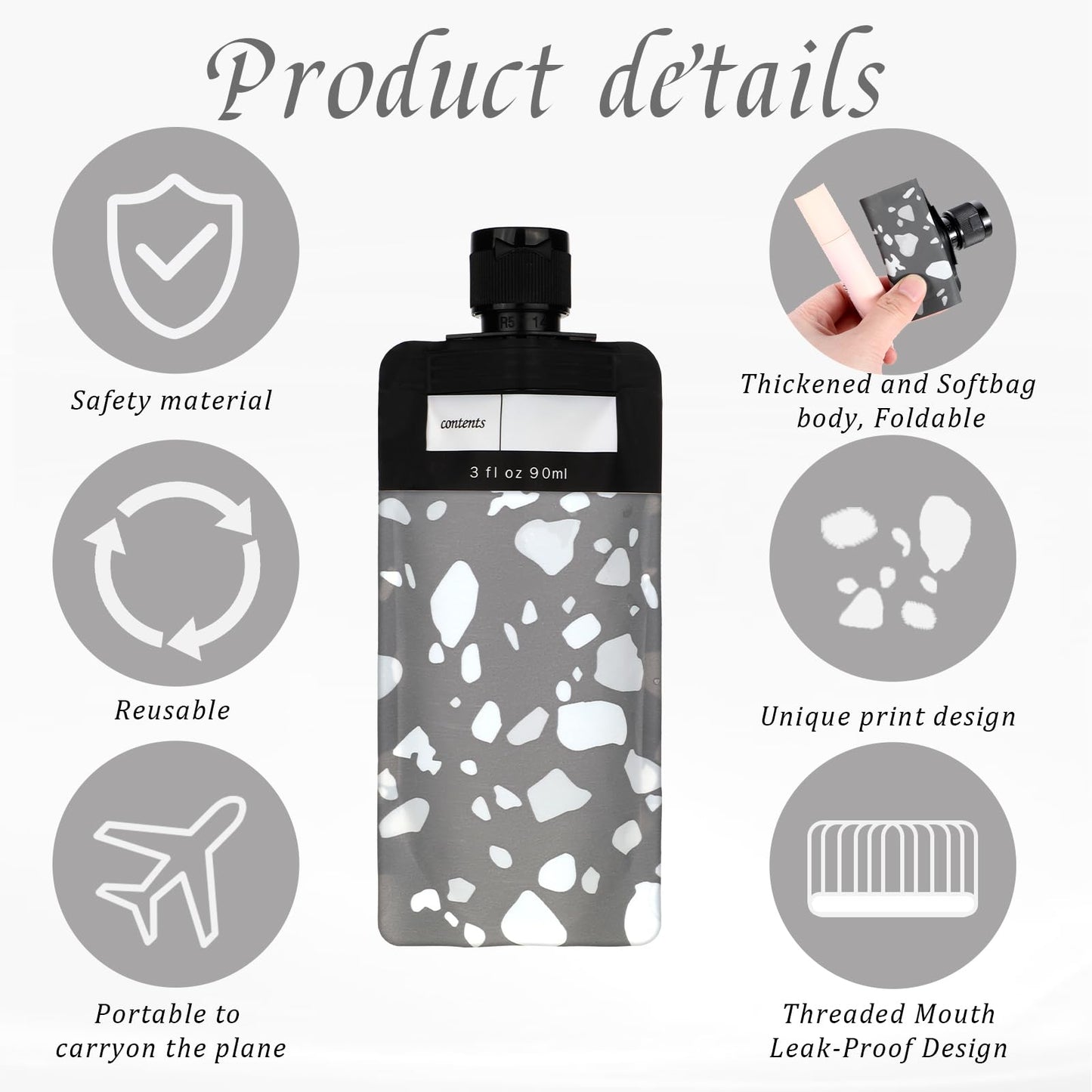 4 PCS Travel Pouches for Toiletries, 3oz Leak Proof Empty Squeeze Pouches, Refillable Travel Containers, Portable Travel Fluid Makeup Packing Pouches for Shampoo Conditioner Lotion Body Wash, Style 4