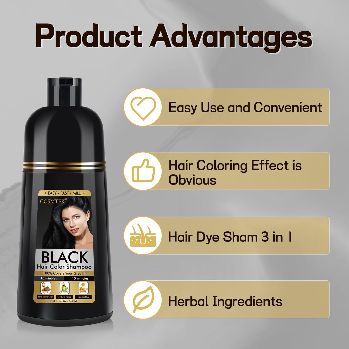 BOJICA Black Hair Dye Shampoo 3 in 1 for Gray Hair, Hair Color shampoo for Women, Natural Shampoo Hair Dye-100% Grey Hair Coverage/Herbal Ingredients-17.6 OZ